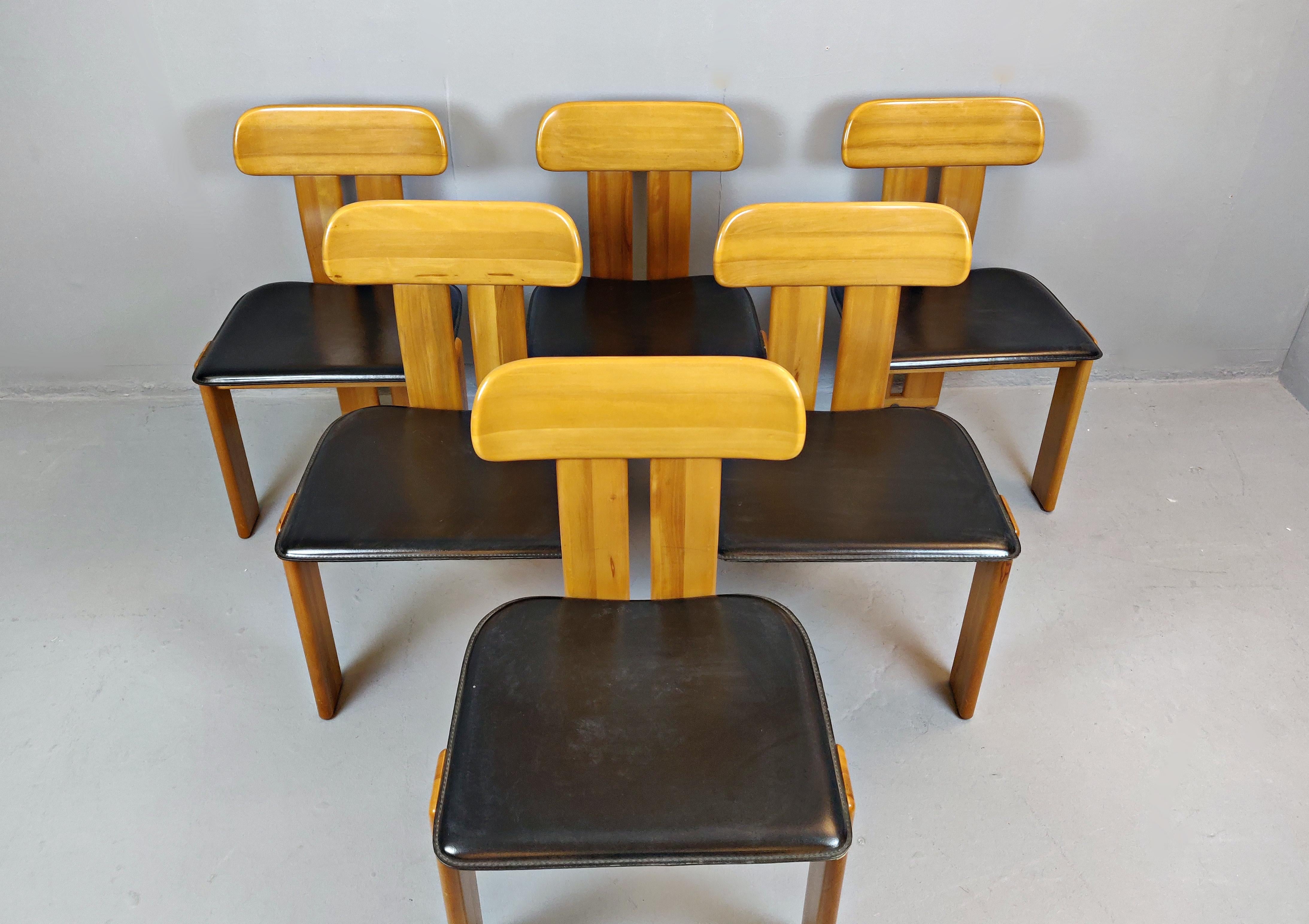 Mid-Century Modern Set of 6 Chairs in Black Leather by Tobia & Afra Scarpa for Maxalto