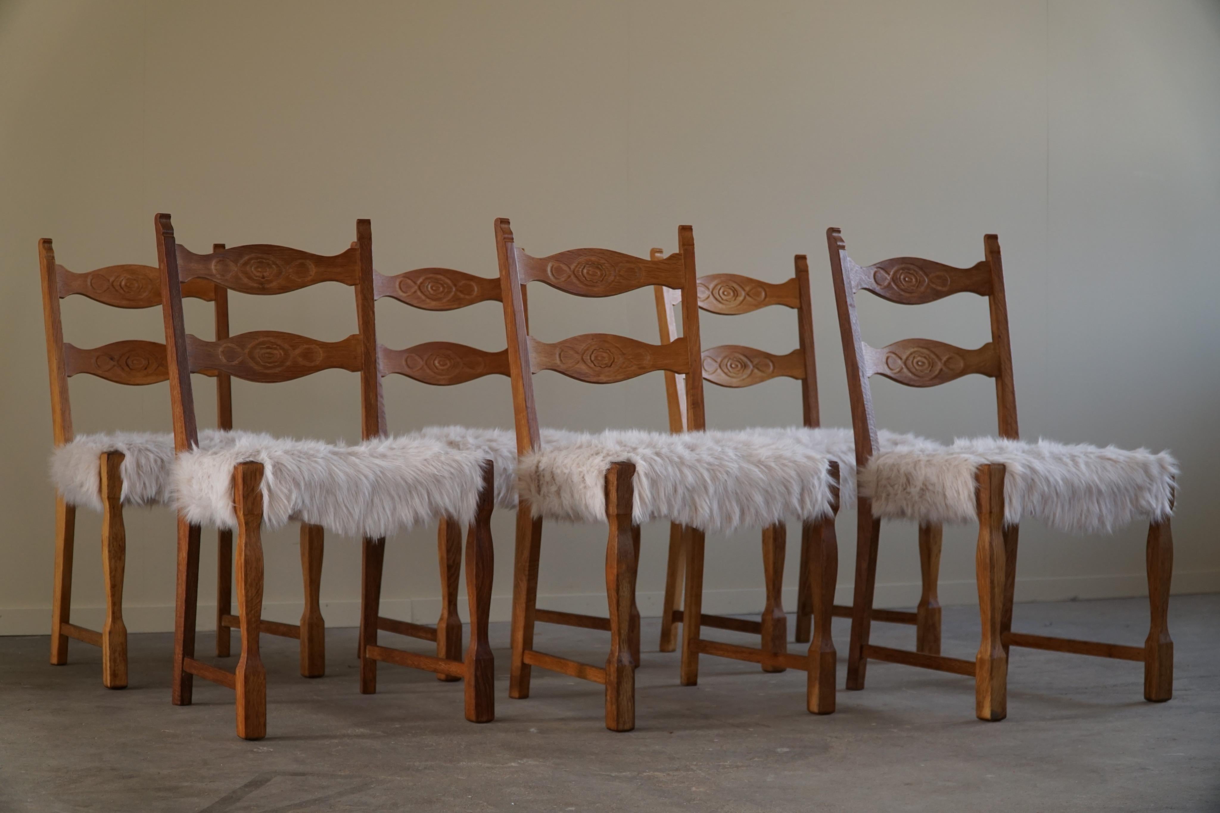 Set of 6 Chairs in Oak & Vegan Lambswool, Danish Modern, Henning Kjærnulf, 1960s 2