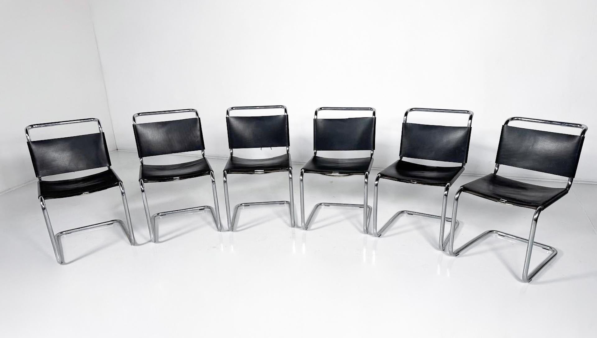 Metallo Set di 6 sedie Model B33 di Marcel Breuer, anni '70, pelle e cromo in vendita