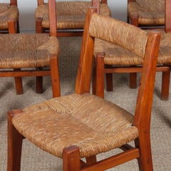 Set of 6 chairs with straw seats, made of solid elm, French craftsmanship, 1950