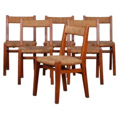 Set of 6 chairs with straw seats, made of solid elm, French craftsmanship, 1950