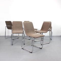 Set of 6 chairs with tubular chrome steel frames and walnut-colored chenille