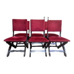 Set of 6 chairs with X-frame in solid oak and red velvet