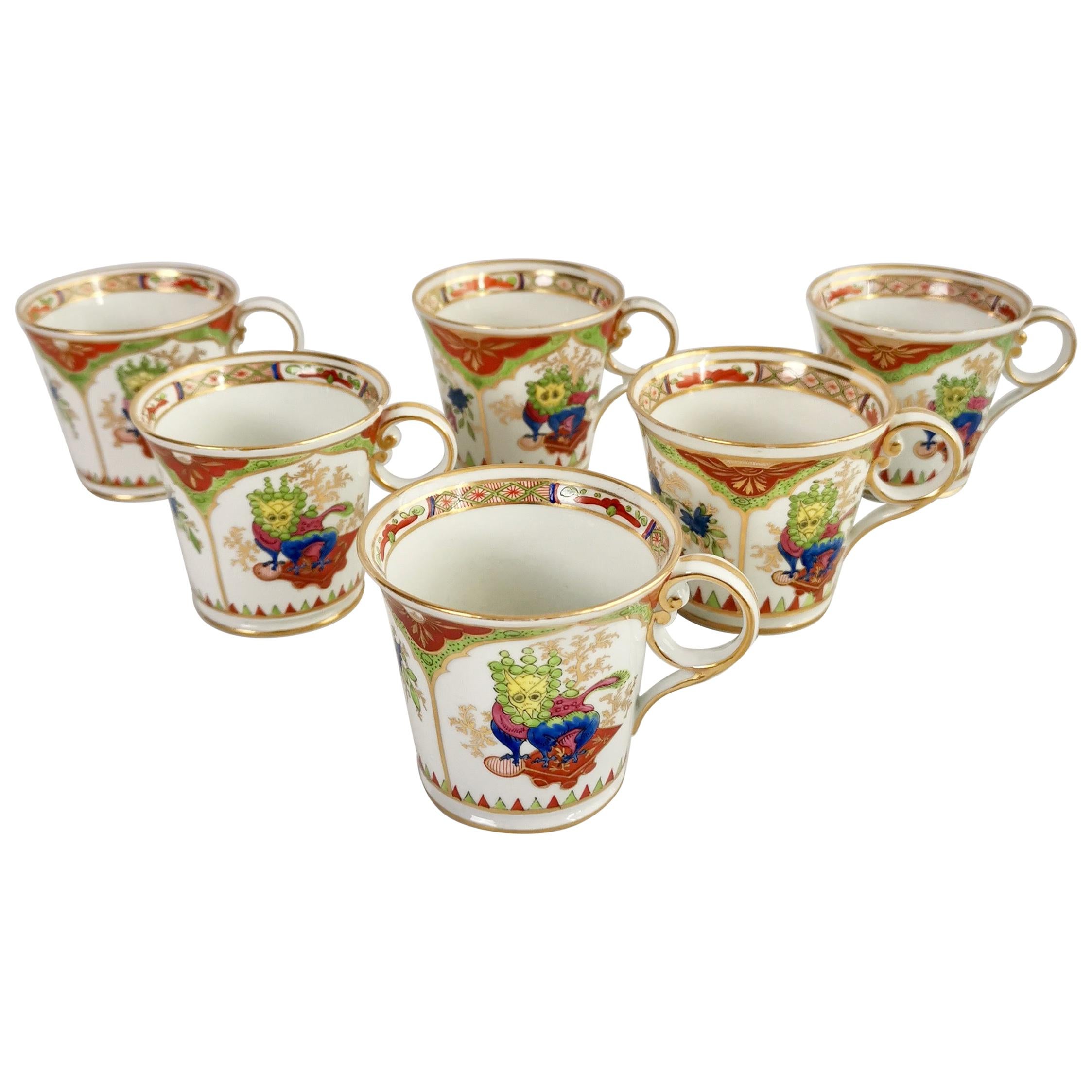 Set of 6 Chamberlain's Worcester Porcelain Coffee Cups, Dragons, circa 1810