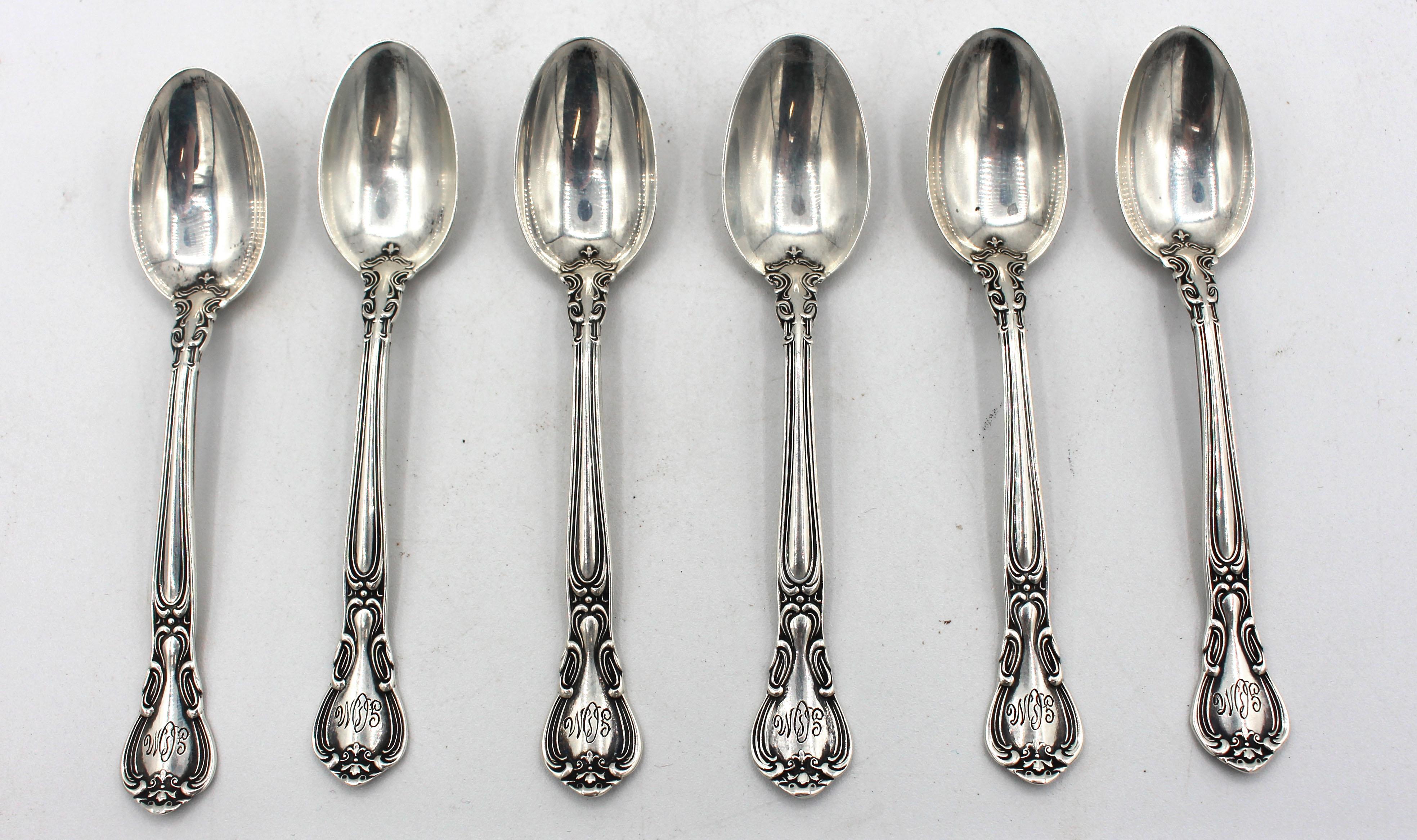Set of 6 Chantilly pattern sterling silver demitasse spoons by Gorham, c.1920s. Rare found. Antique set with monogram. 1.95 troy oz.
4 1/8