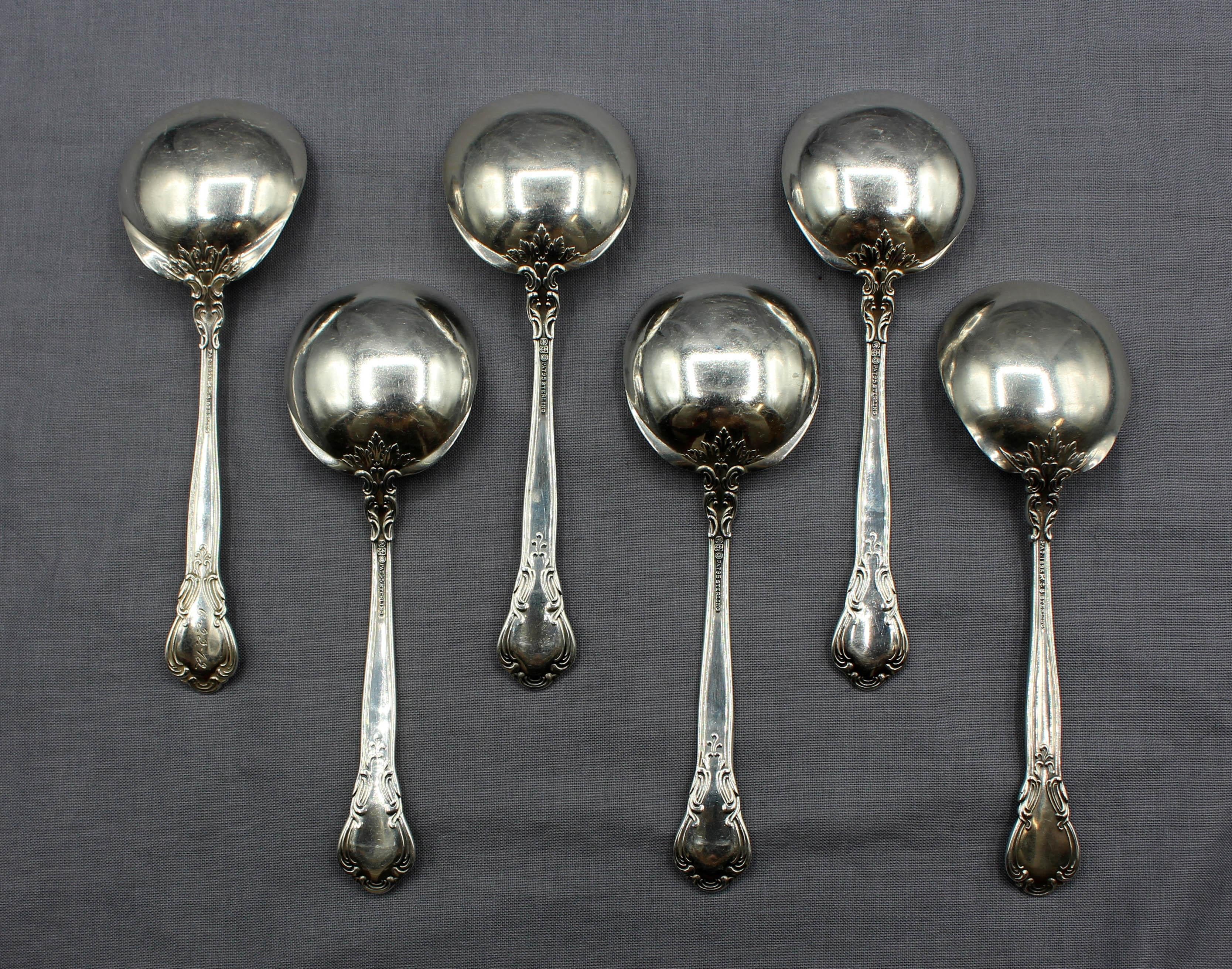Assembled set of 6 Chantilly sterling silver boullion spoons by Gorham. One dated 1912. Four with Art Deco monograms. One never engraved. 4.35 troy oz.
5