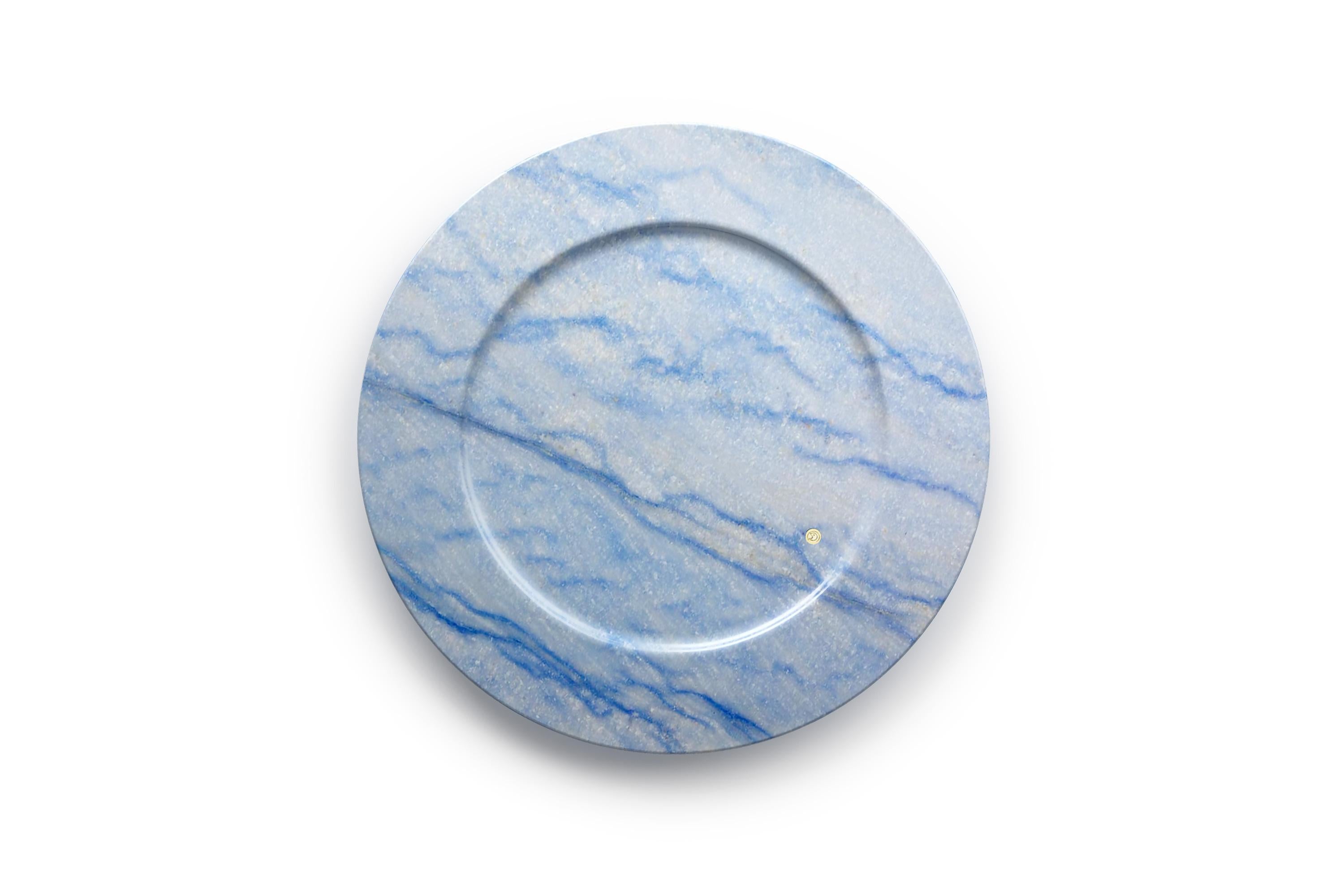 Modern Charger Plate Platters Serveware Set of 6 Blue Azul Macaubas Marble Handmade For Sale