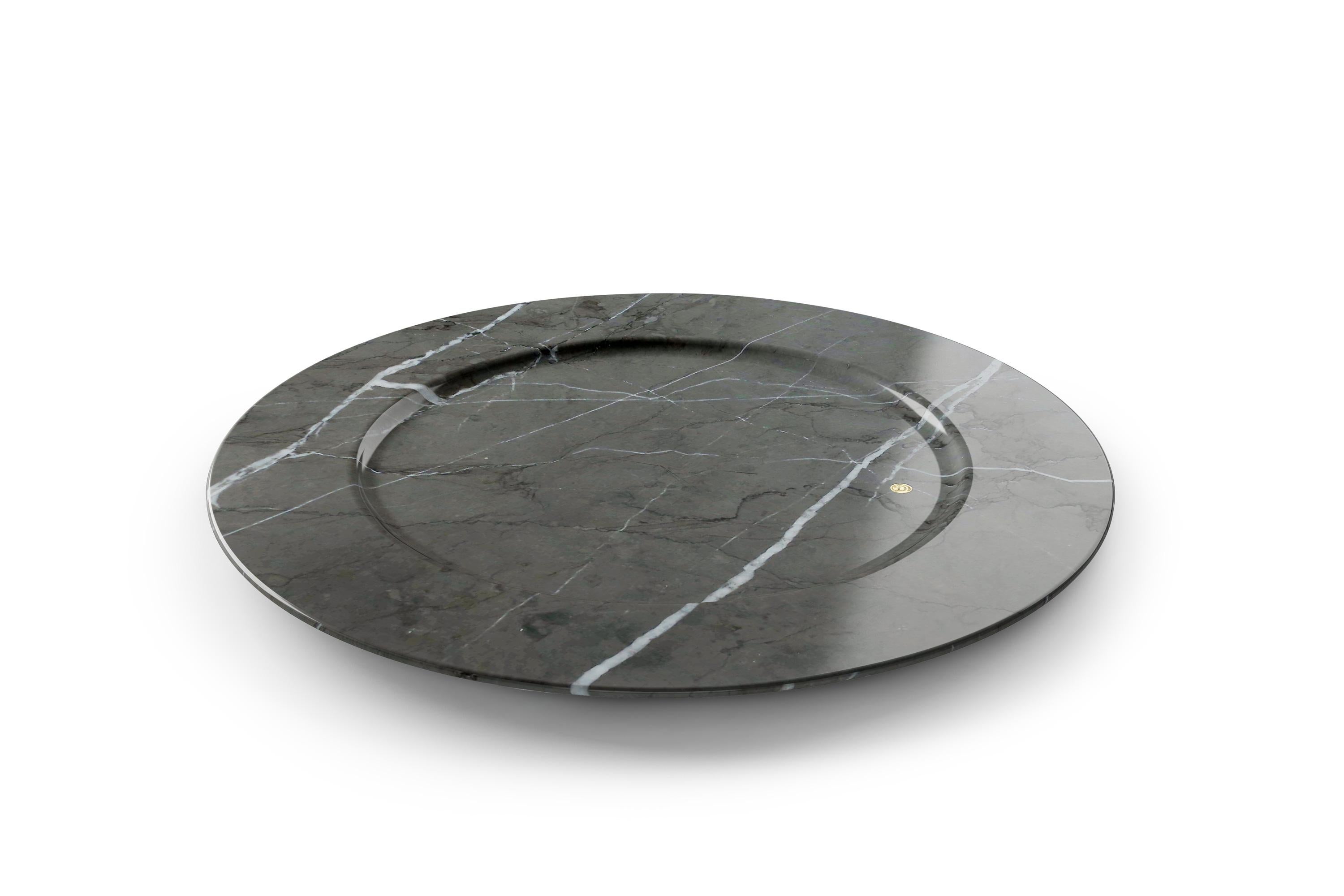 Set of 6 hand carved charger plates from imperial grey marble. Multiple use as charger plates, plates, platters and placers.

Dimensions: D 33, H 1.9 cm. Also available in different marbles, onyx and quartzite. 

100% Hand made in Italy. 

Marble is