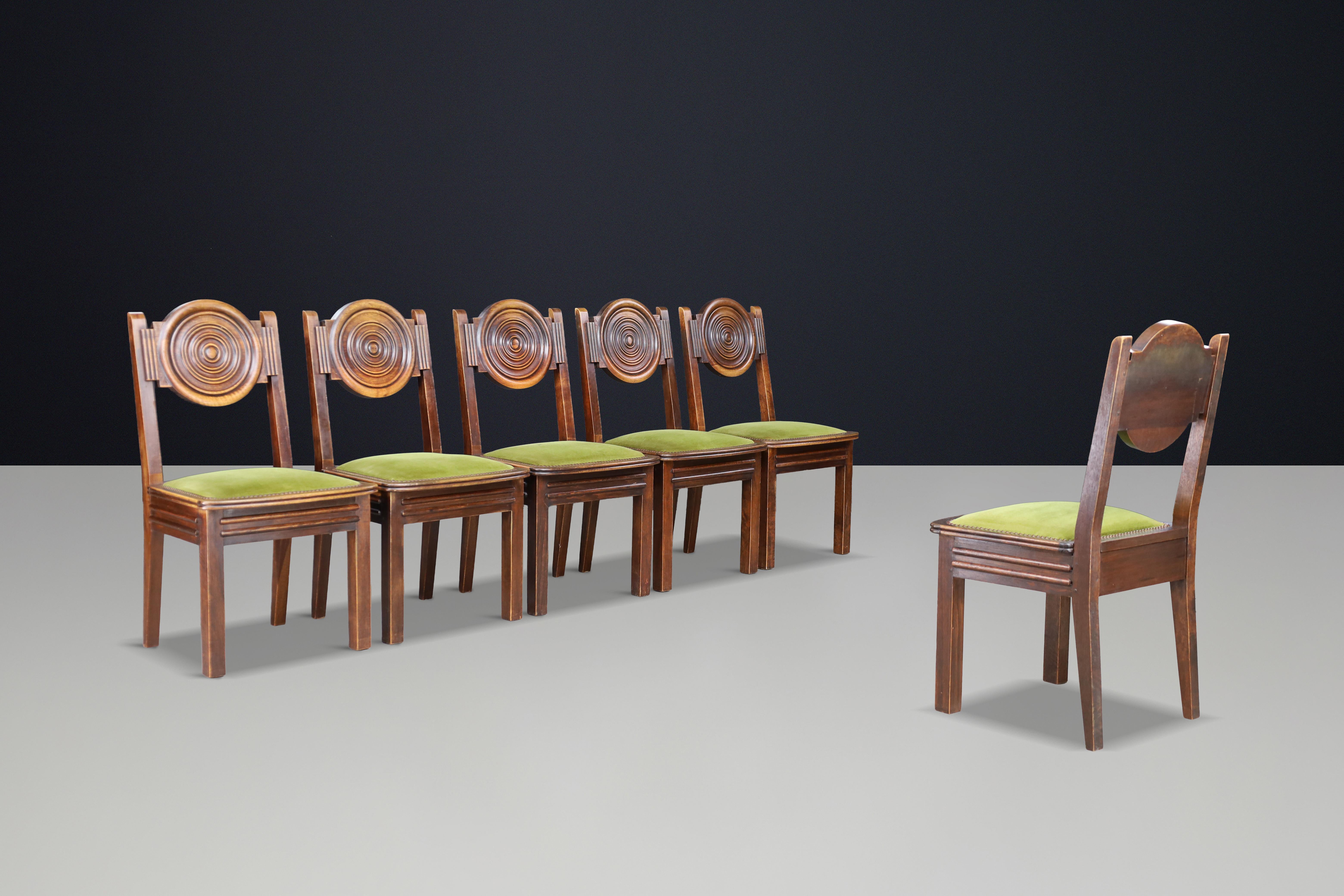 Français Set of 6 Charles Dudouyt Carved Oak Dining Chairs with Original Velvet, France en vente