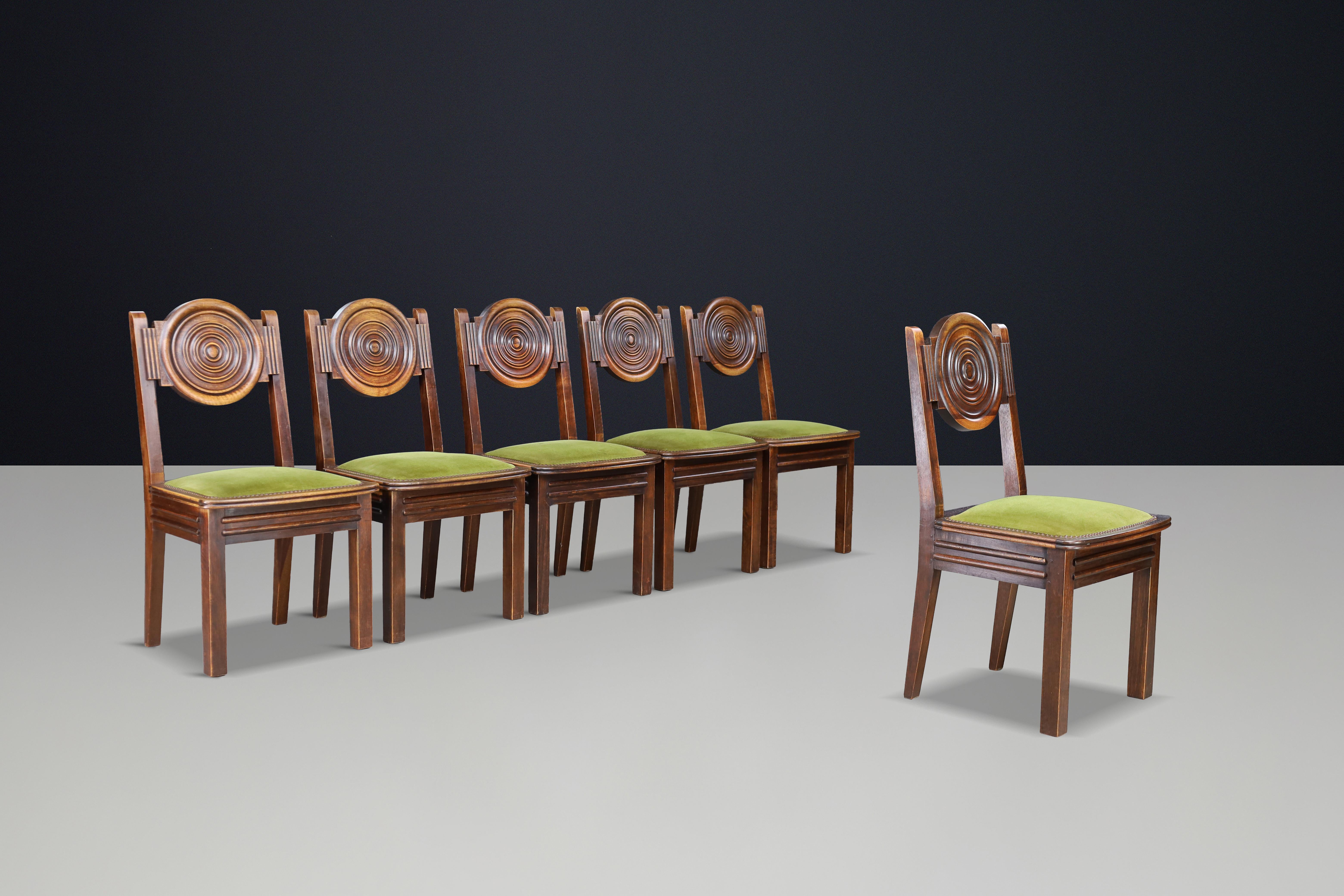 Set of 6 Charles Dudouyt Carved Oak Dining Chairs with Original Velvet, France Bon état - En vente à Almelo, NL