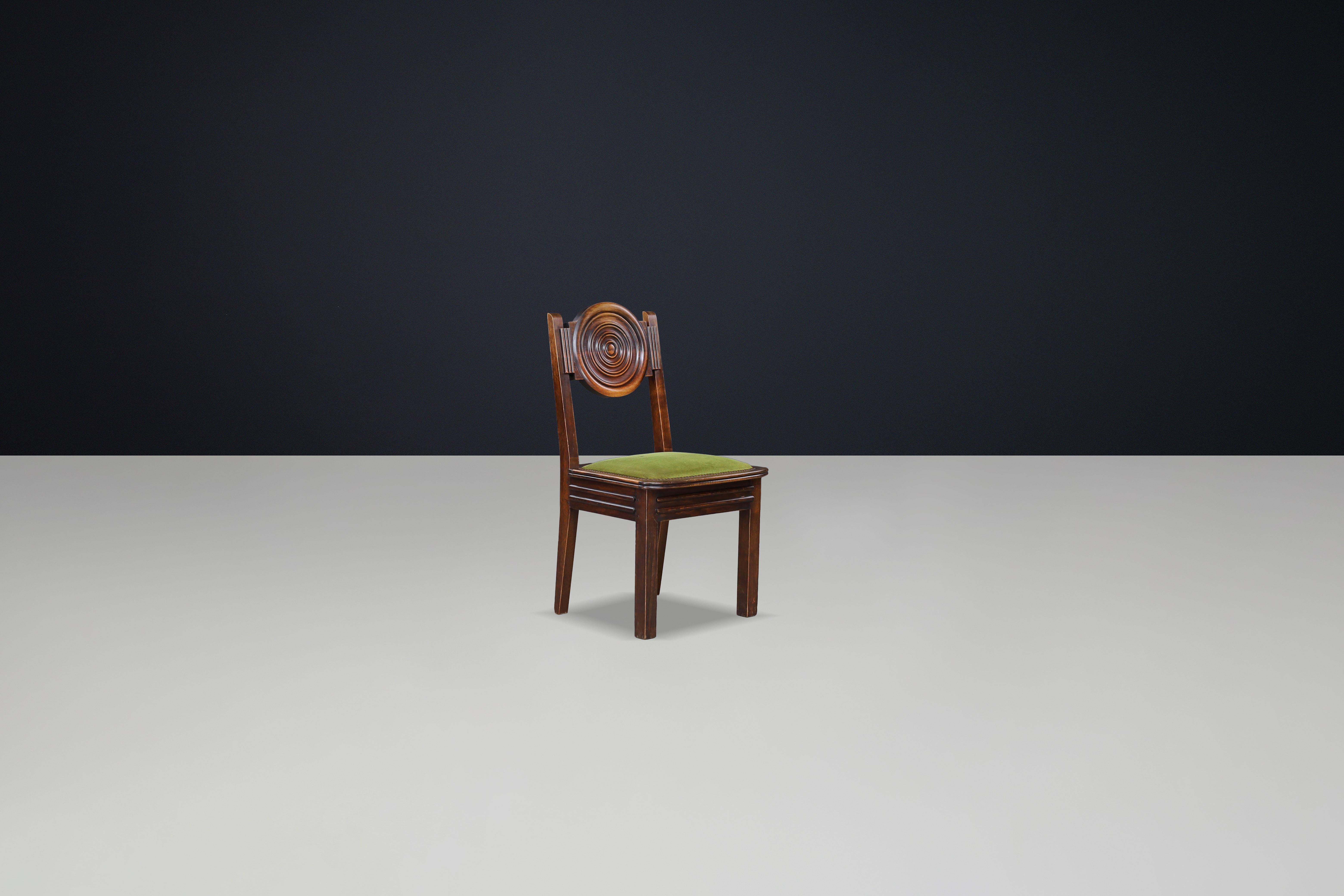 Tissu d'ameublement Set of 6 Charles Dudouyt Carved Oak Dining Chairs with Original Velvet, France en vente