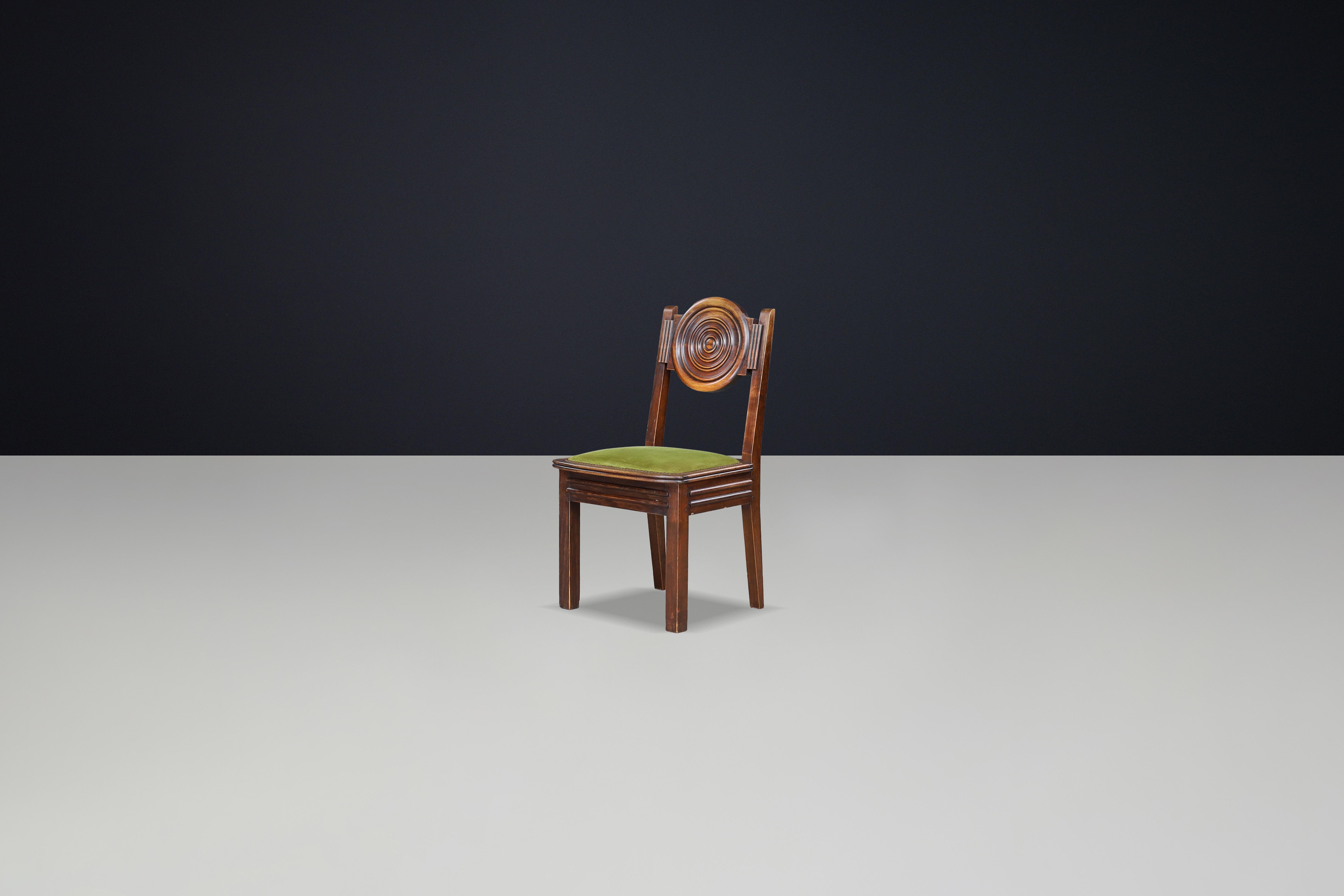 Set of 6 Charles Dudouyt Carved Oak Dining Chairs with Original Velvet, France en vente 2