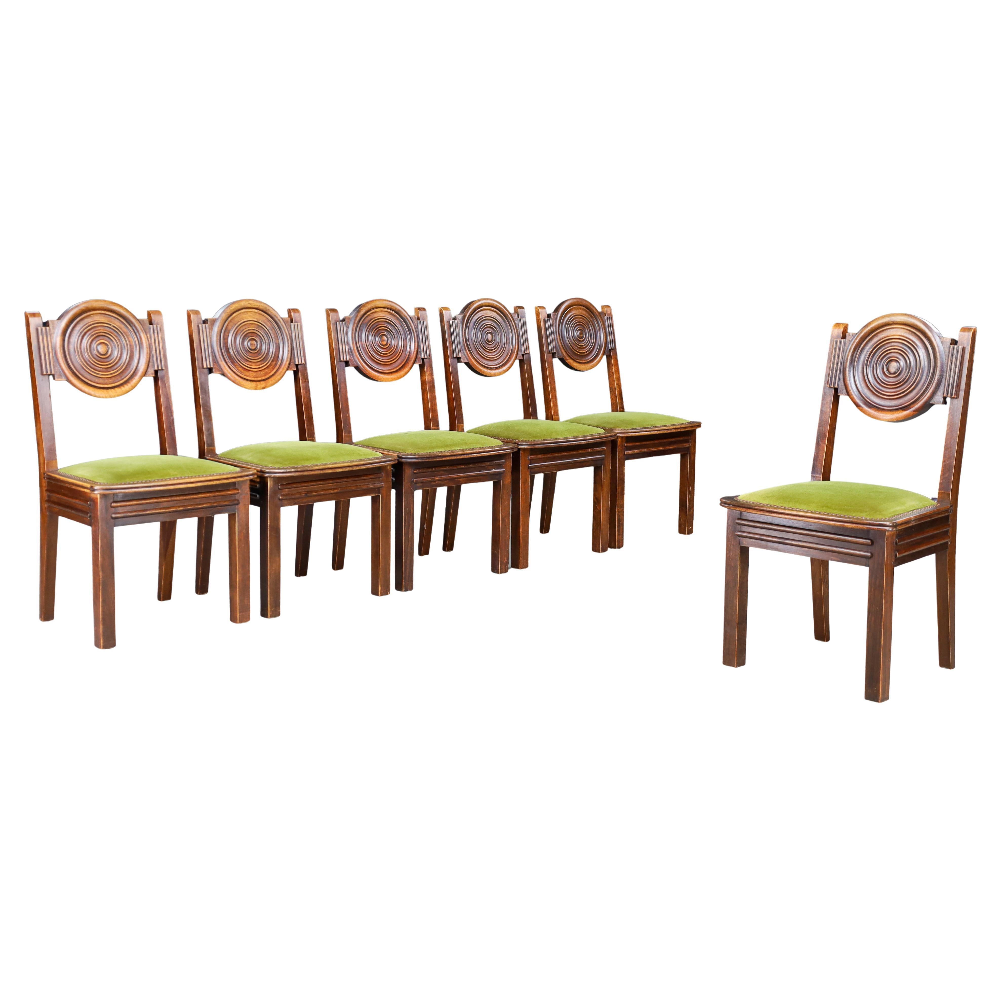 Set of 6 Charles Dudouyt Carved Oak Dining Chairs with Original Velvet, France