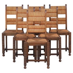 Set of 6 Charles Dudouyt Style Rush Back Oak Frame Dining Chairs C1940s France