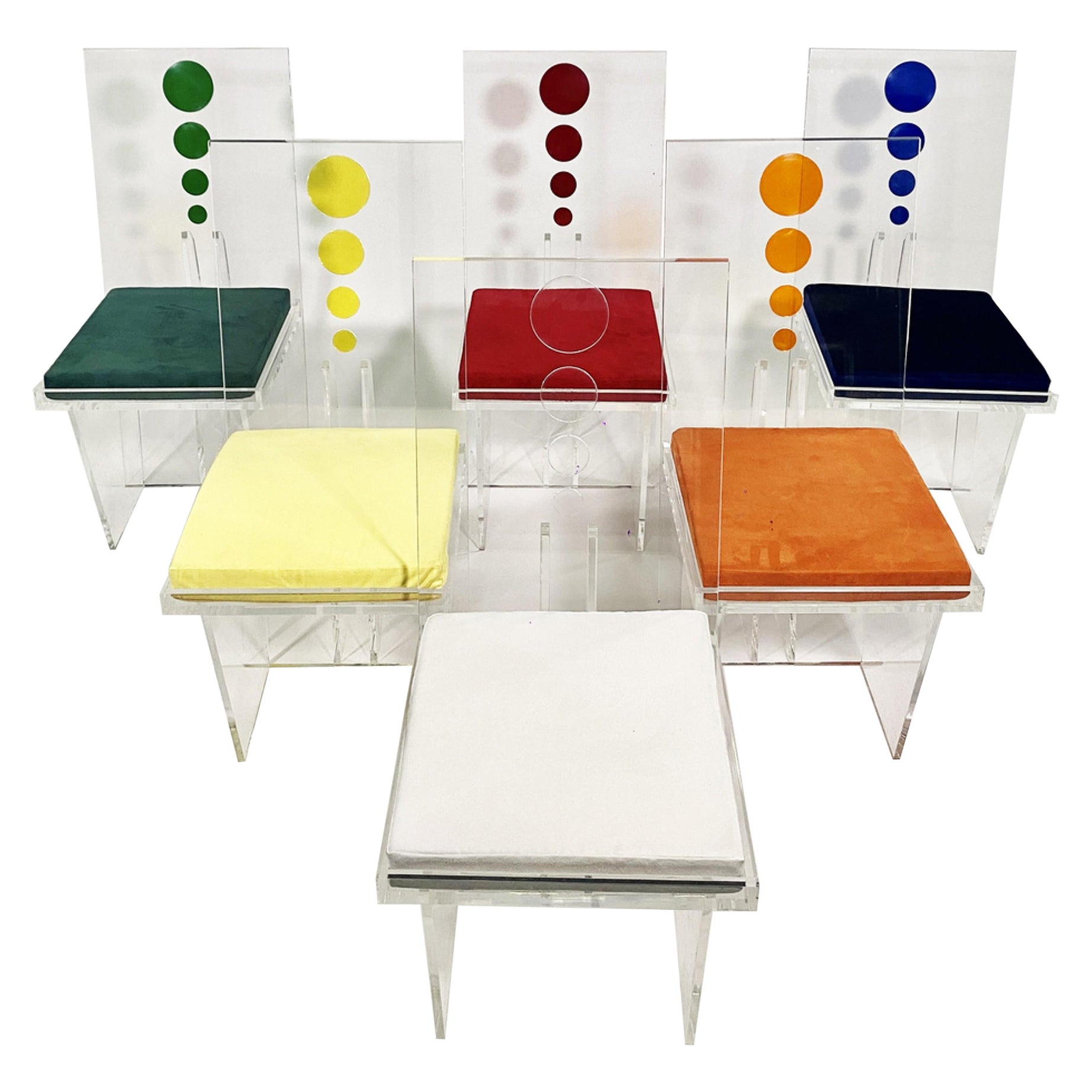 6er-Set Charles Hollis Jones Amerikanischer mehrfarbiger Lucite-Esszimmer-Beistellstuhl im Angebot