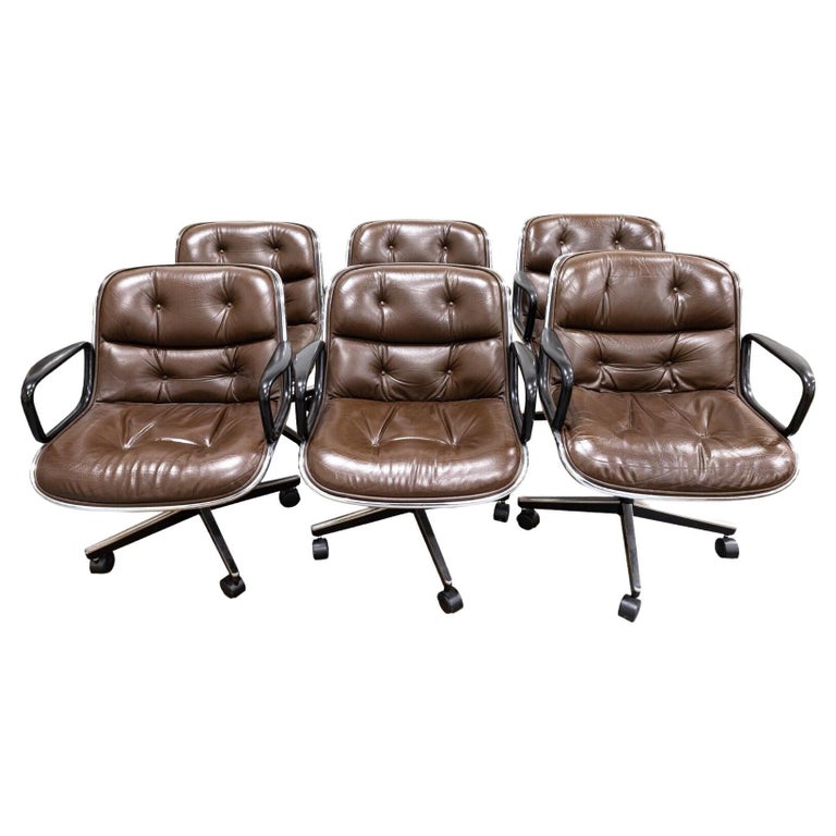 Set of 6 Charles Pollack for Knoll Brown Leather Executive Rolling