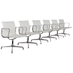 Set of 6 Charles & Ray Eames EA 107 Aluminum Group Chairs, White Leather, 1970s