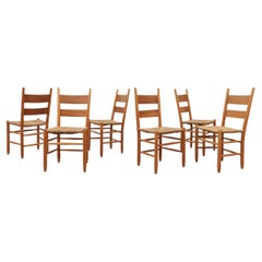Set of 6 Charlotte Perriand Inspired Oak and Rush Dining Chairs