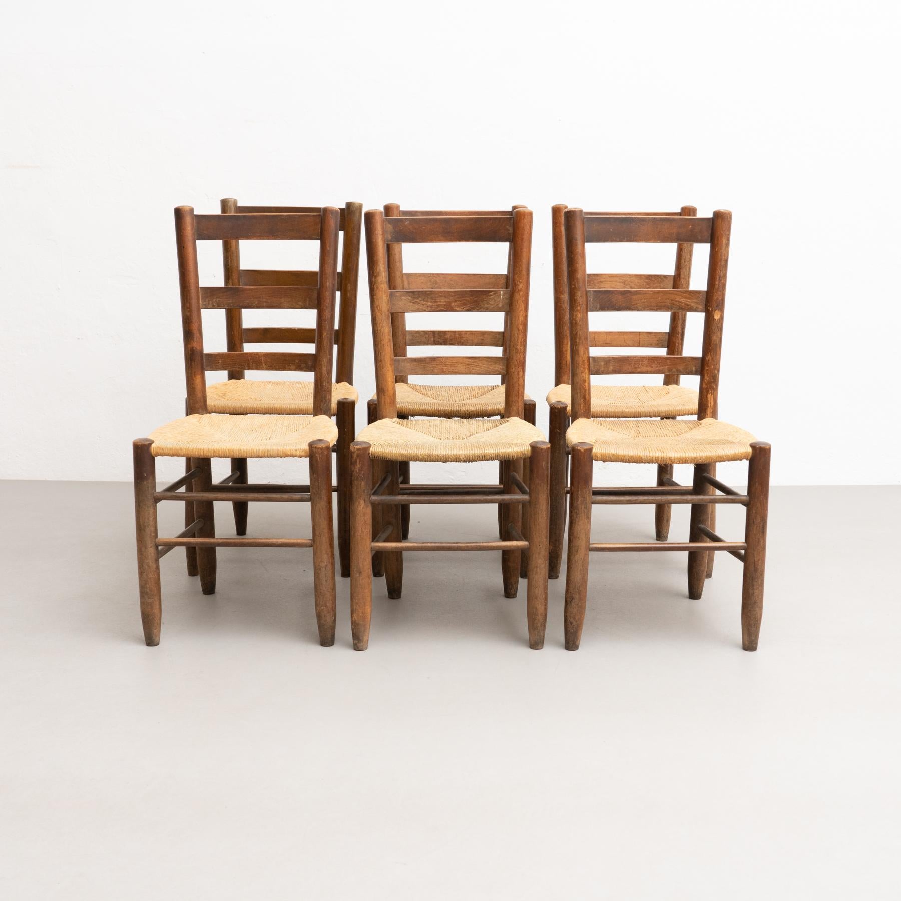 Set of 6 Charlotte Perriand n.19 Chair, Wood Rattan, Mid-Century Modern 6