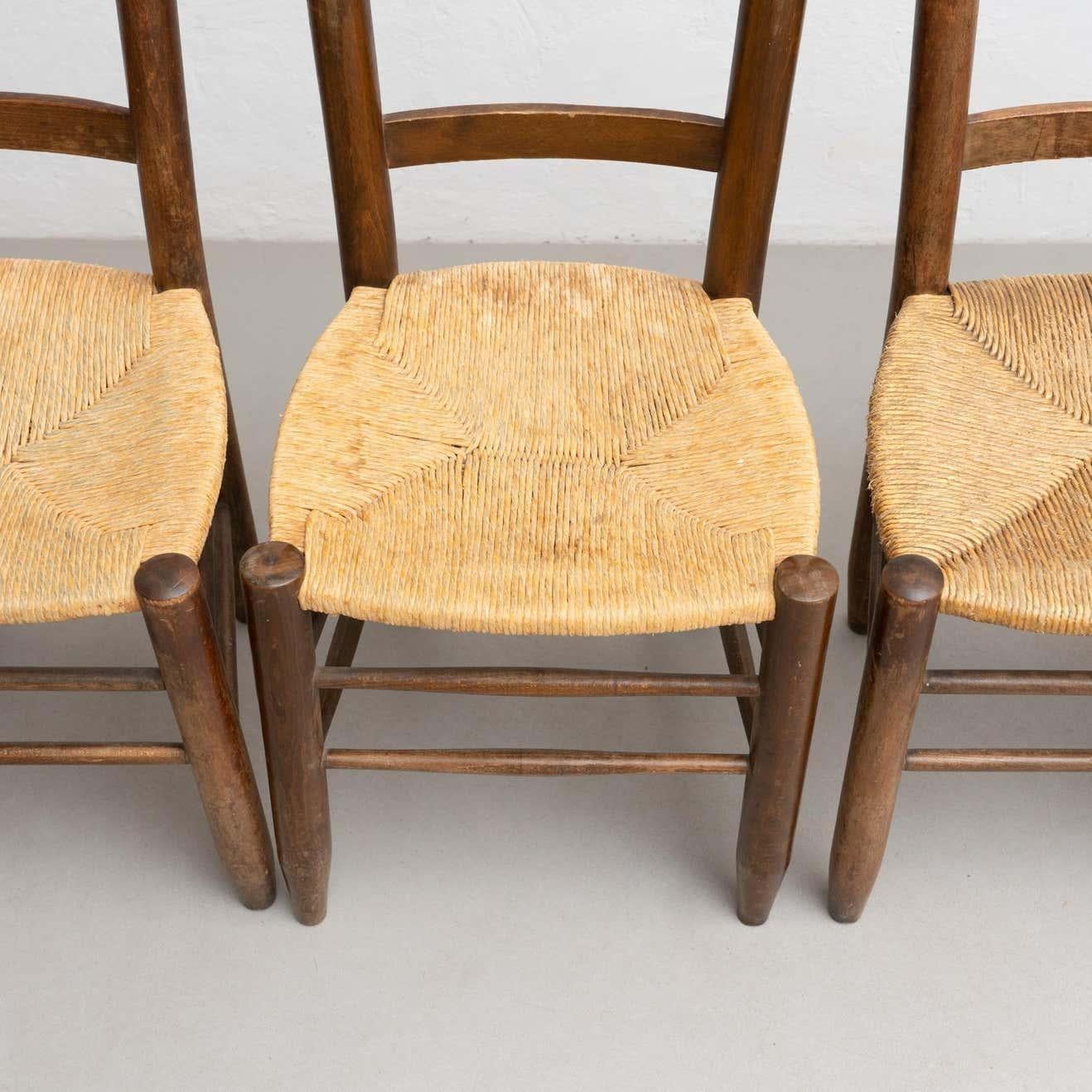 Set of 6 After Charlotte Perriand N.19 Chair, Wood Rattan, Mid-Century Modern For Sale 3