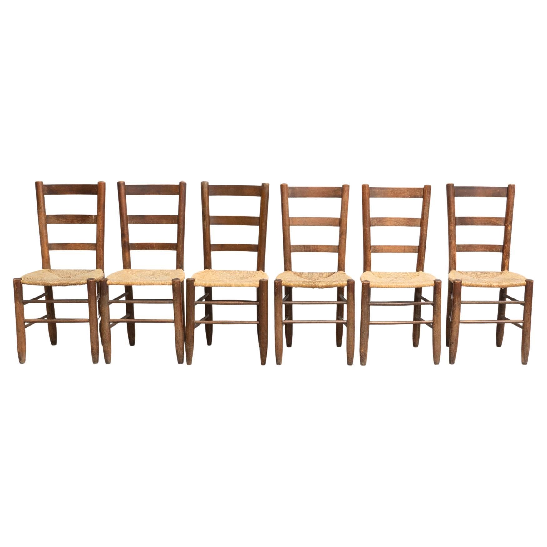 Set of 6 Charlotte Perriand n.19 Chair, Wood Rattan, Mid-Century Modern