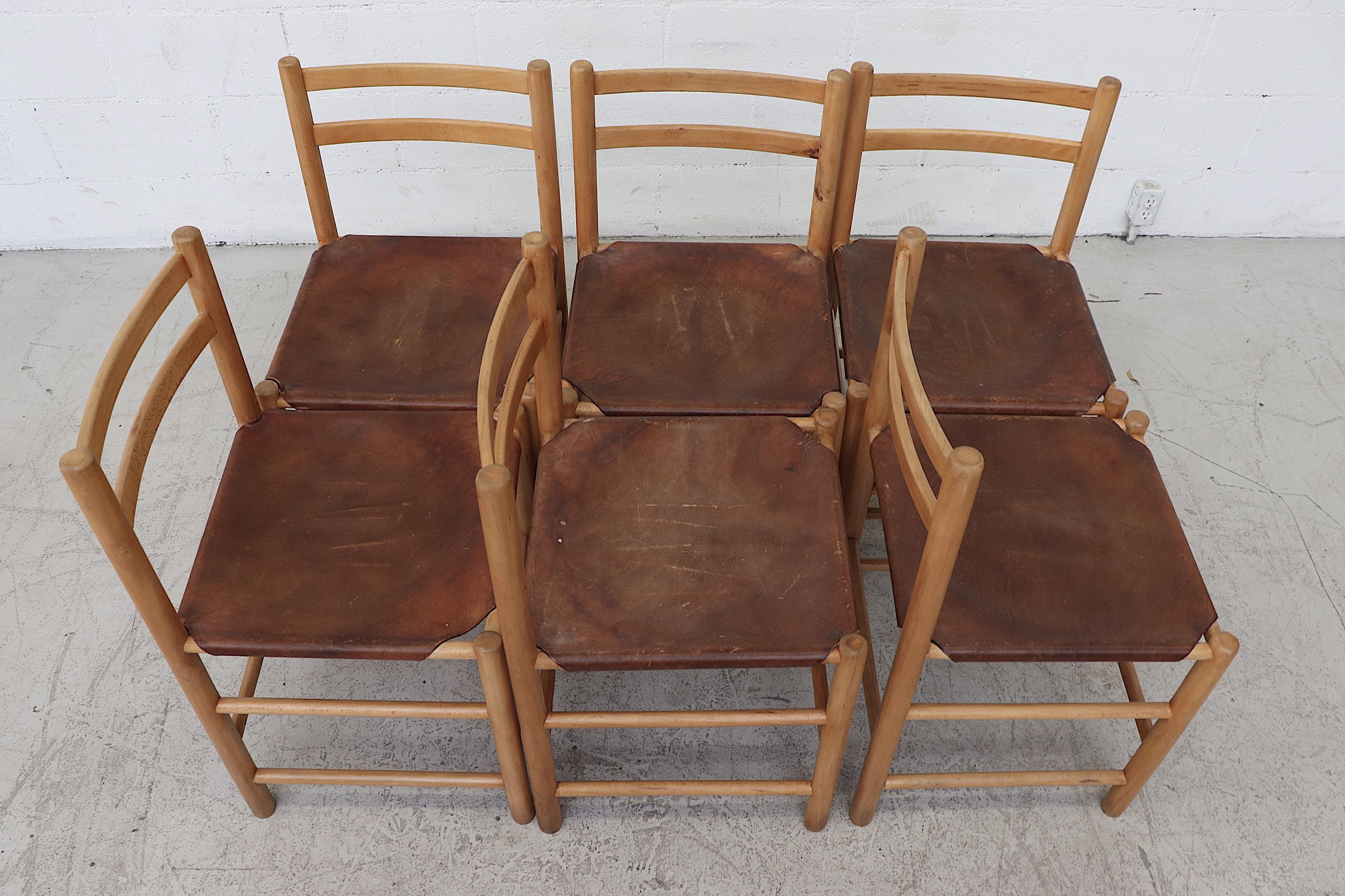 Set of 6 Charlotte Perriand Style Pine and Leather Dining Chairs 5
