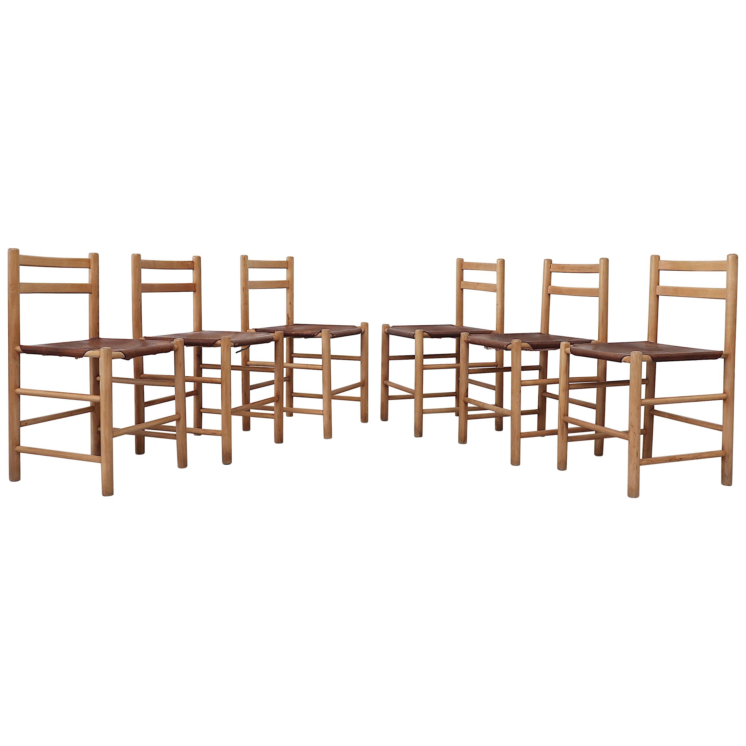 Set of 6 Charlotte Perriand Style Pine and Leather Dining Chairs