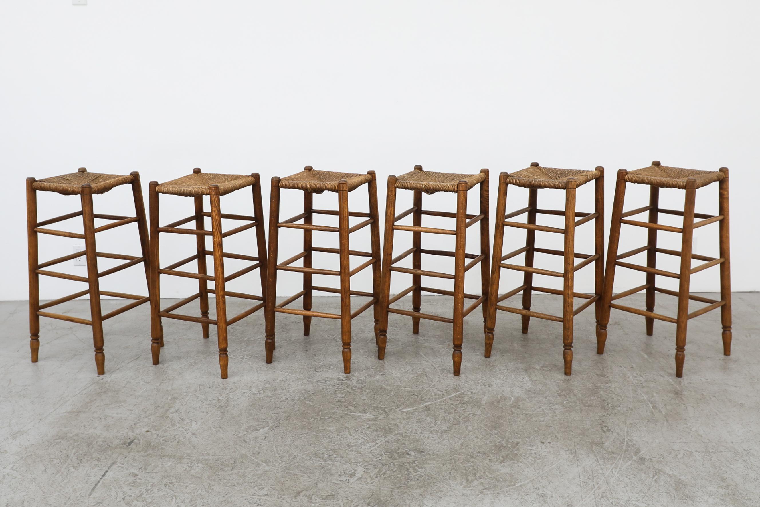 Mid-Century Modern Set of 6 Charlotte Perriand Style Rush and Oak Stools