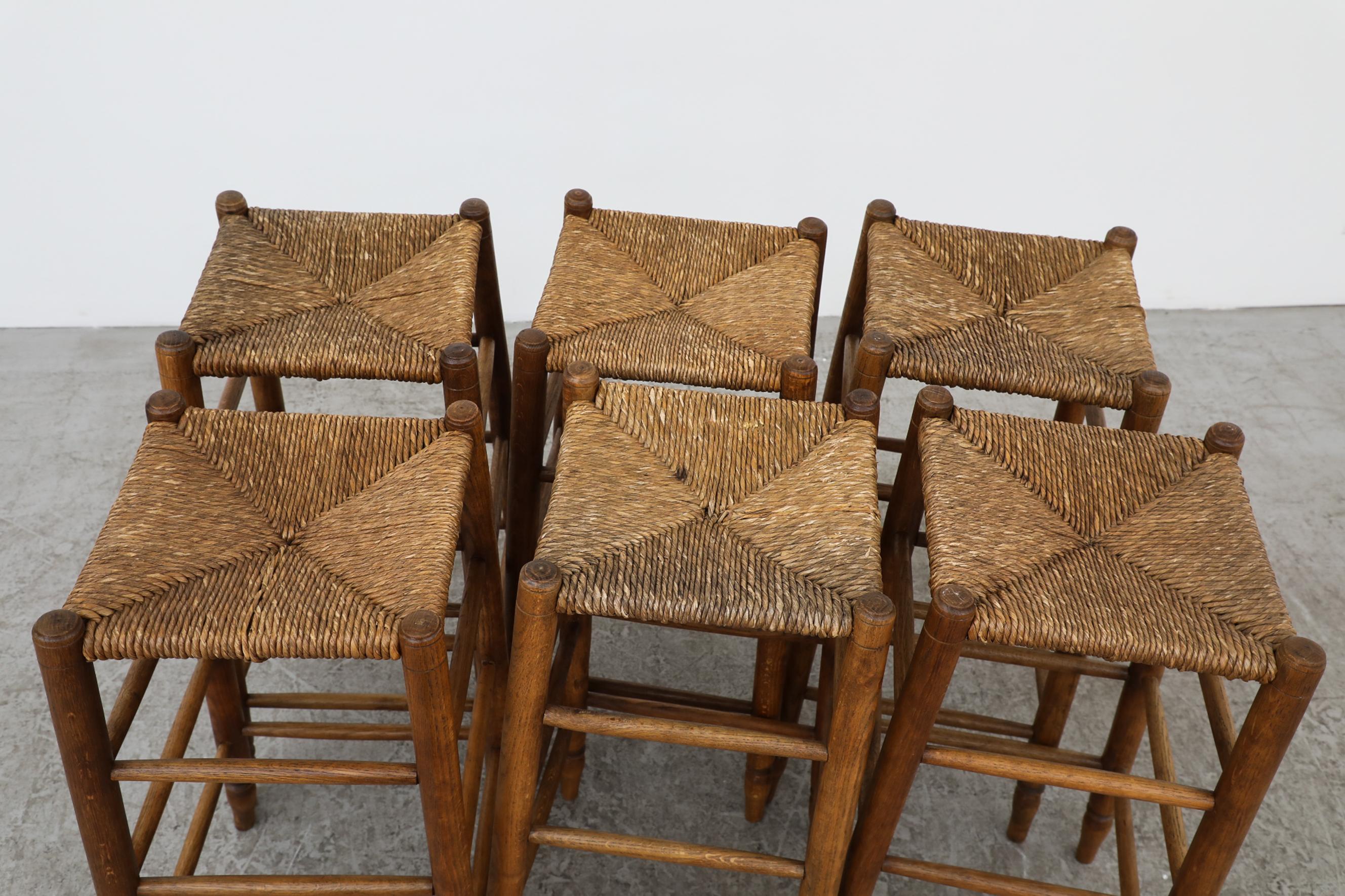 Dutch Set of 6 Charlotte Perriand Style Rush and Oak Stools