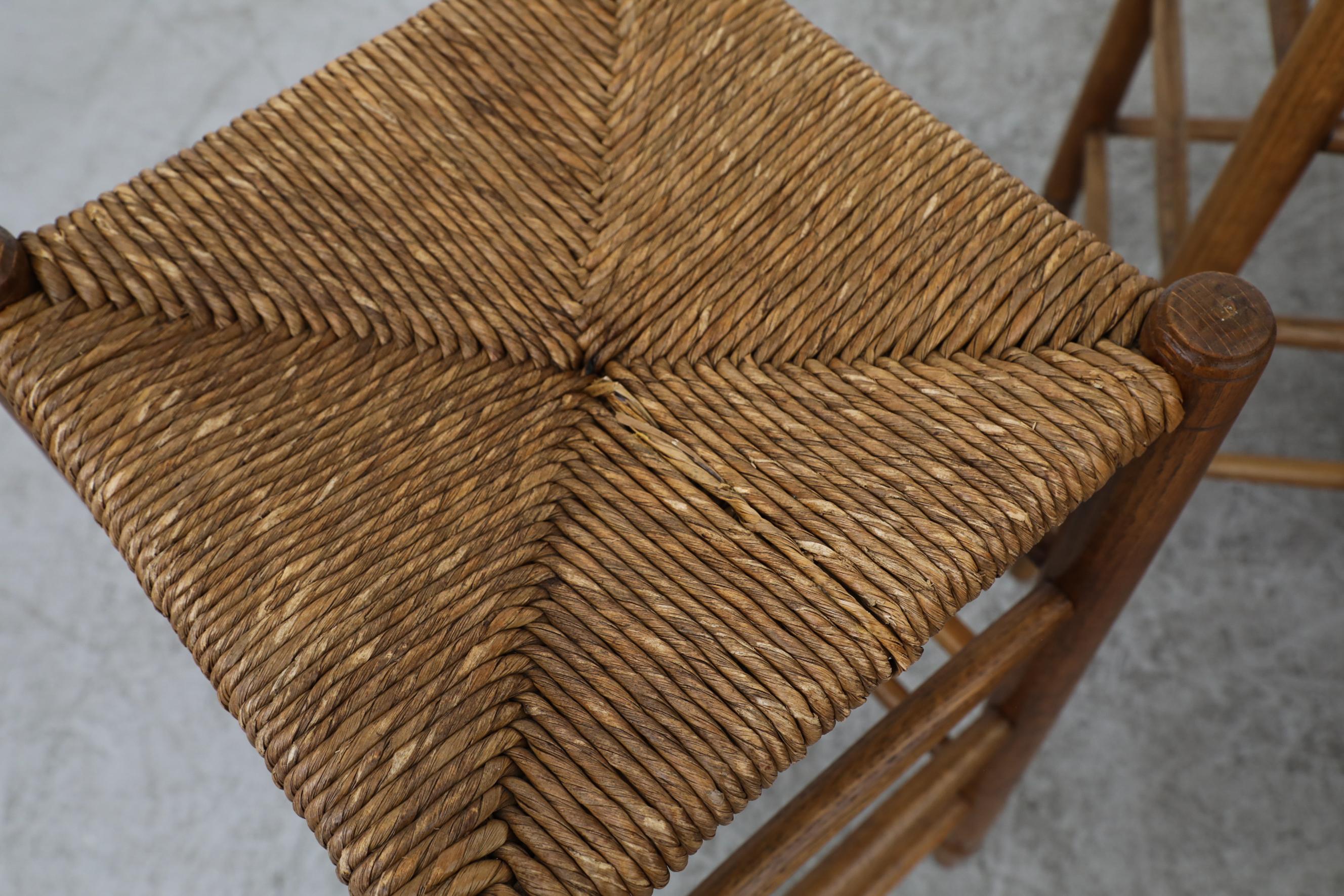 Set of 6 Charlotte Perriand Style Rush and Oak Stools In Good Condition In Los Angeles, CA
