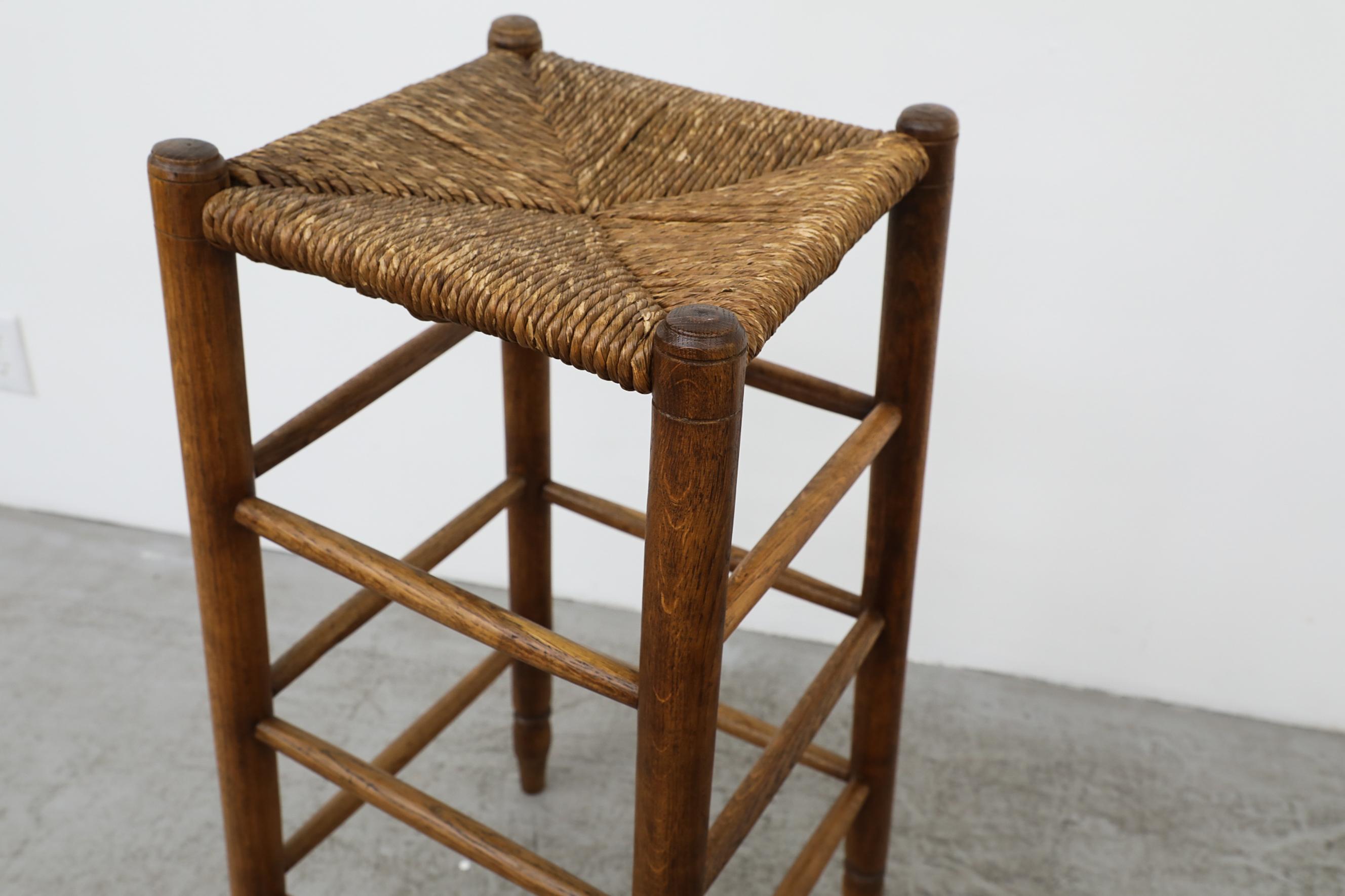 20th Century Set of 6 Charlotte Perriand Style Rush and Oak Stools