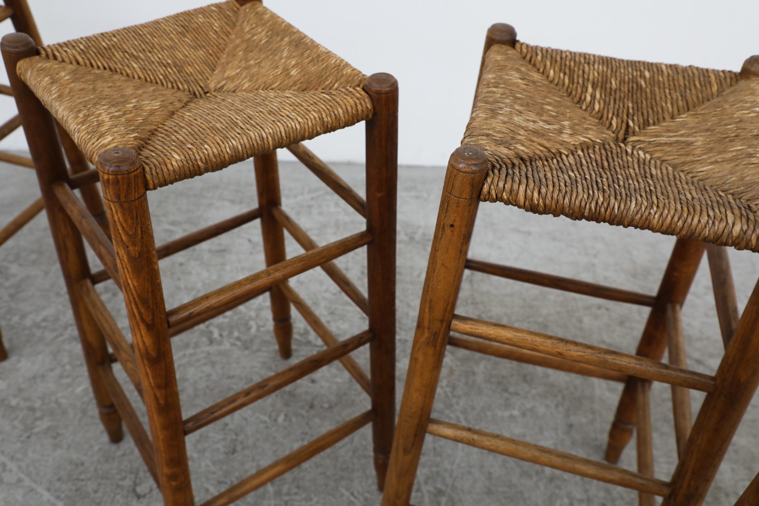 Set of 6 Charlotte Perriand Style Rush and Oak Stools 1