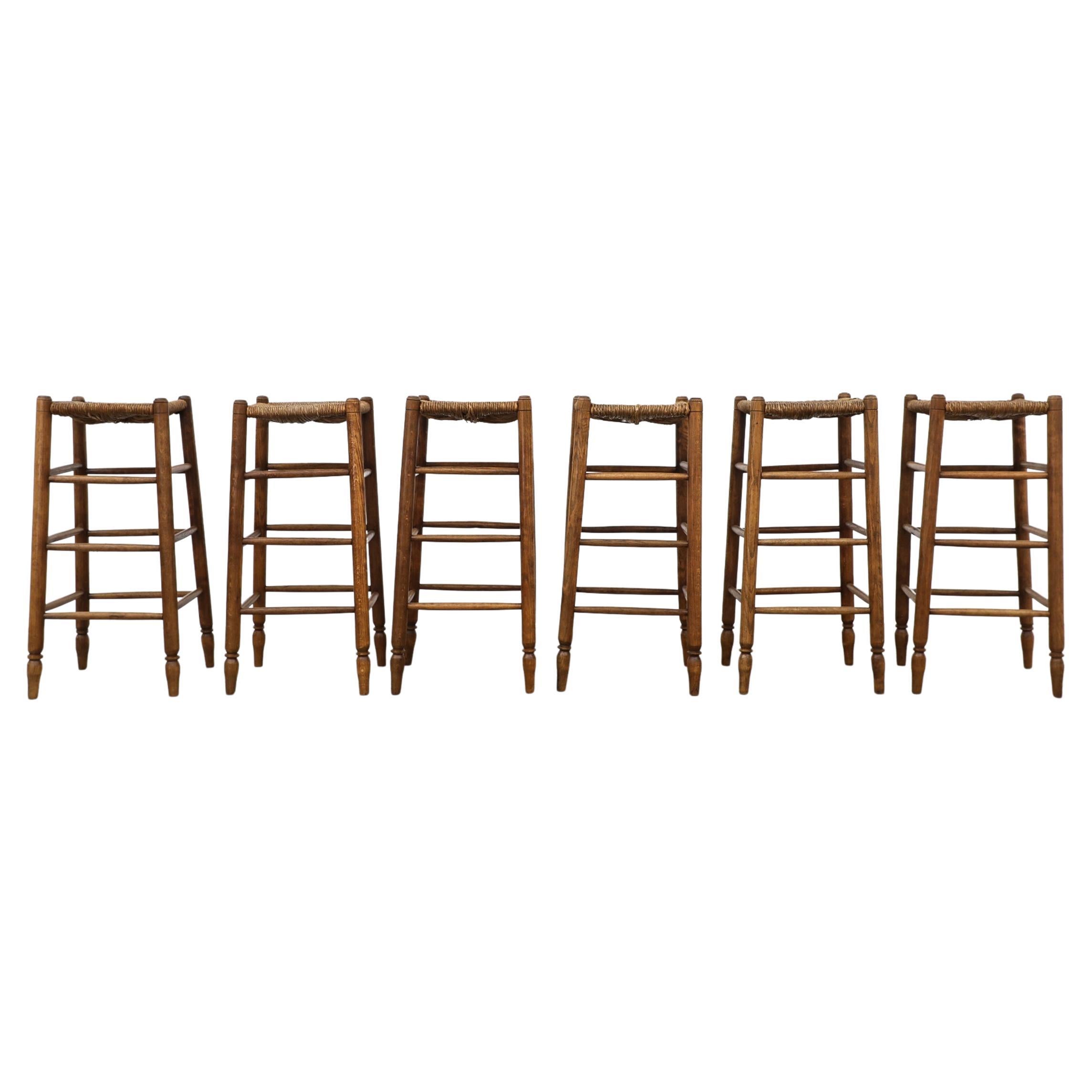 Set of 6 Charlotte Perriand Style Rush and Oak Stools