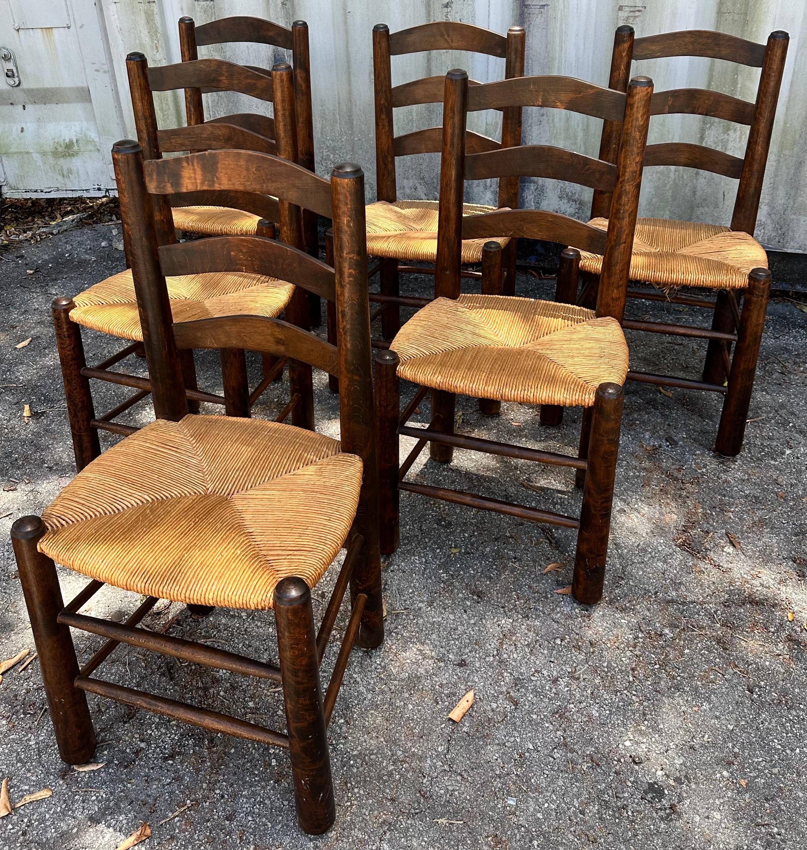 French Set of 6 Charlotte Perriand Style Rush Chair For Sale