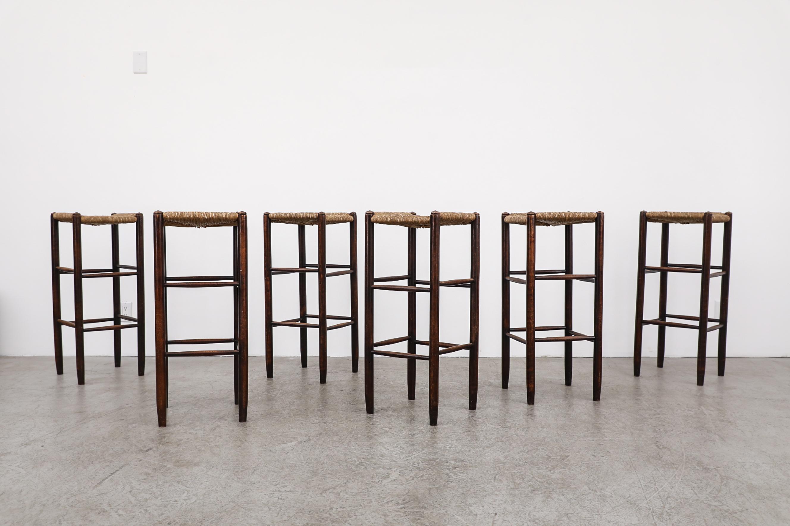 Set of 6 tall bar stools with wood frame and rush seats. Seat height is 32