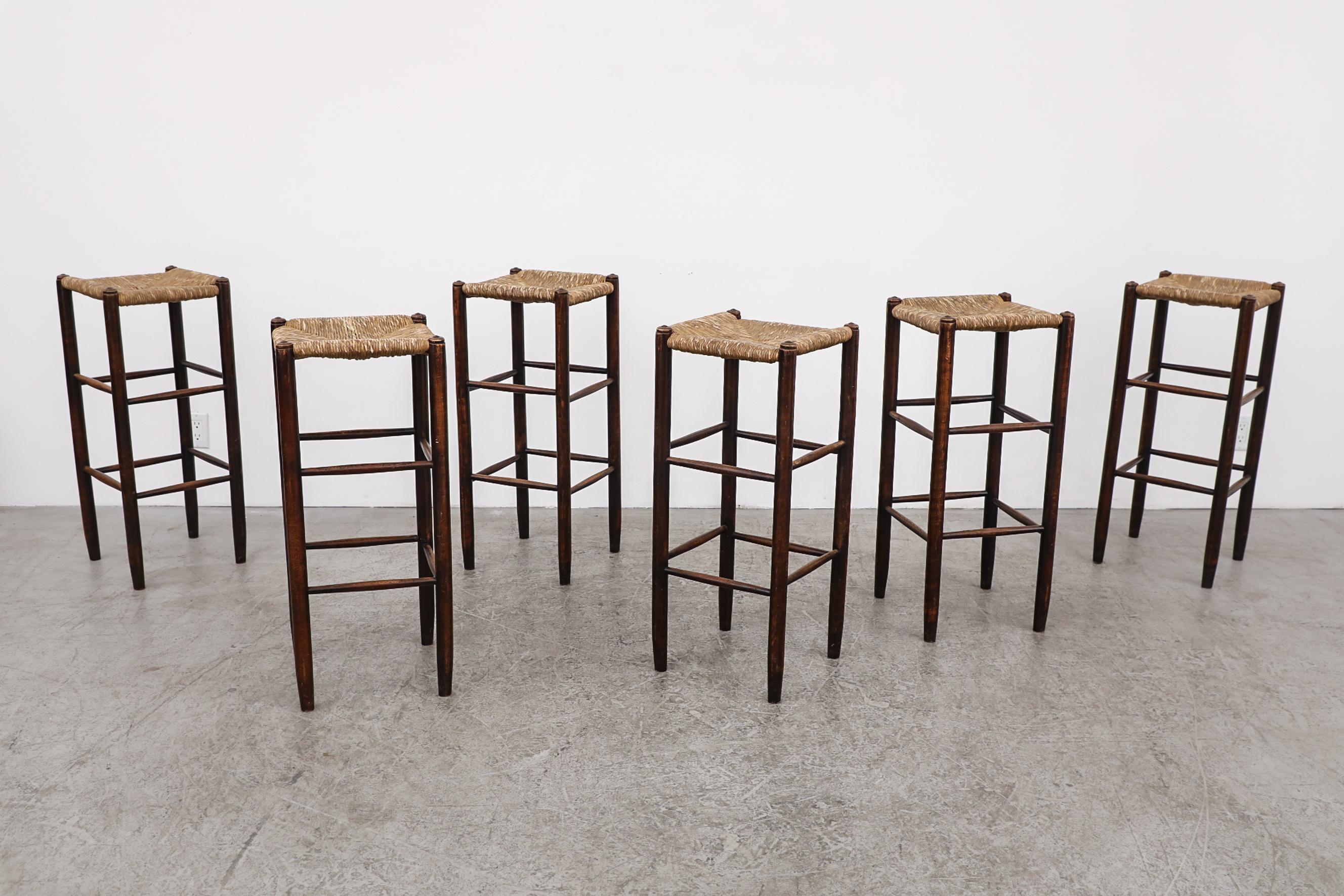 Mid-Century Modern Set of 6 Charlotte Perriand Style Rush Tall Bar Stools
