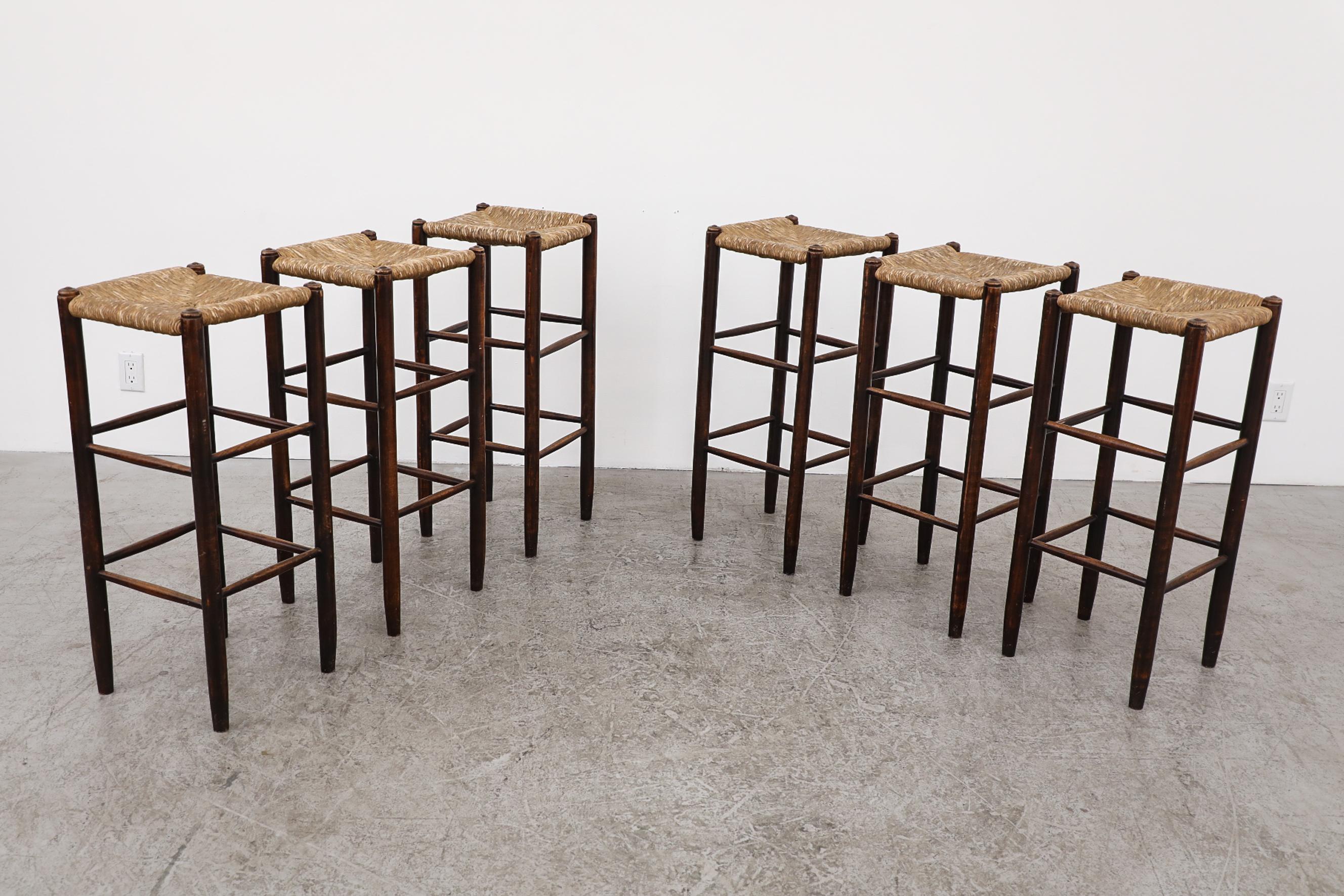 Dutch Set of 6 Charlotte Perriand Style Rush Tall Bar Stools