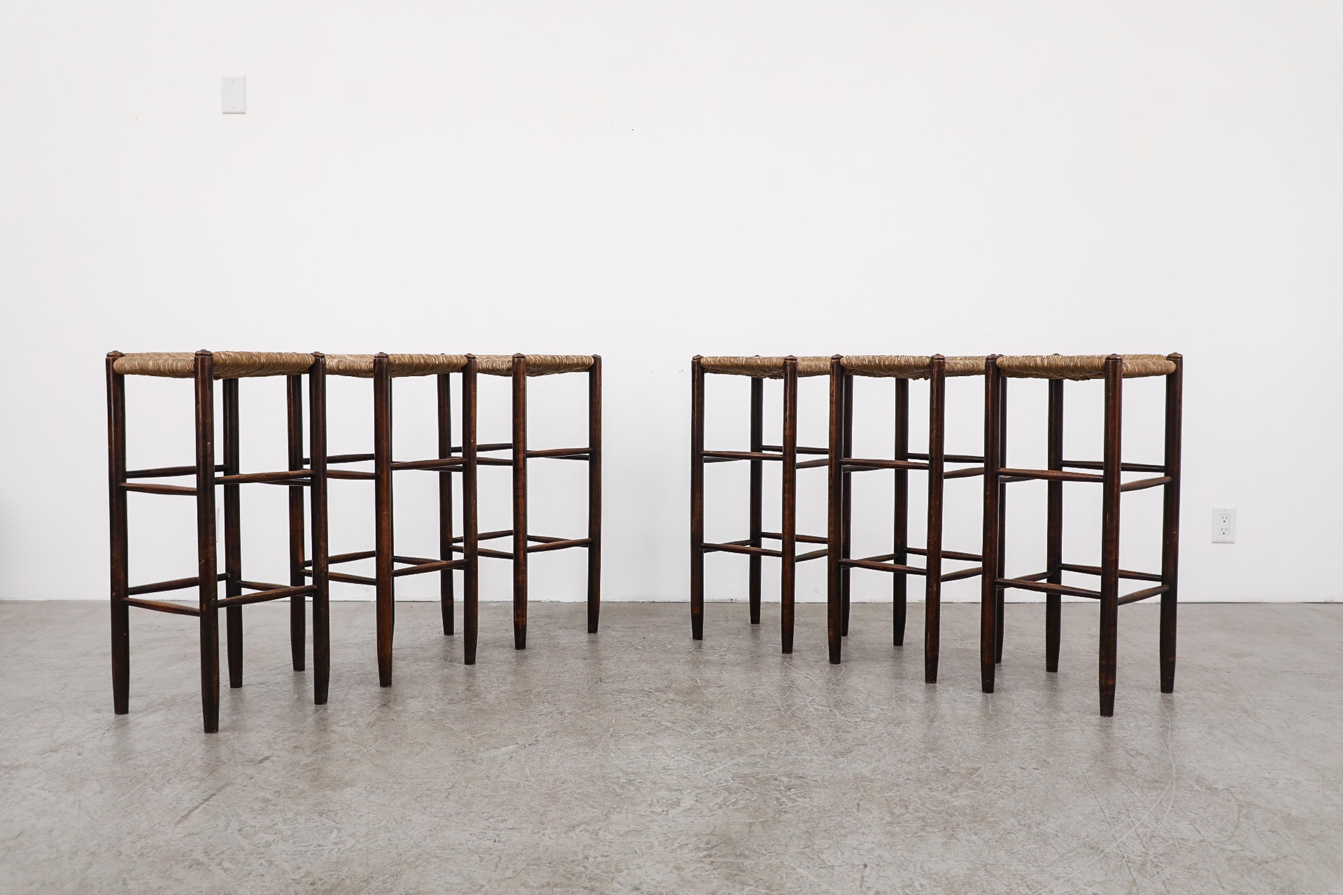 Set of 6 Charlotte Perriand Style Rush Tall Bar Stools In Good Condition In Los Angeles, CA