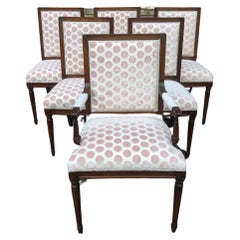 Set of 6 Charming Pink Velvet Polka Dot French Carved Walnut Dining Chairs