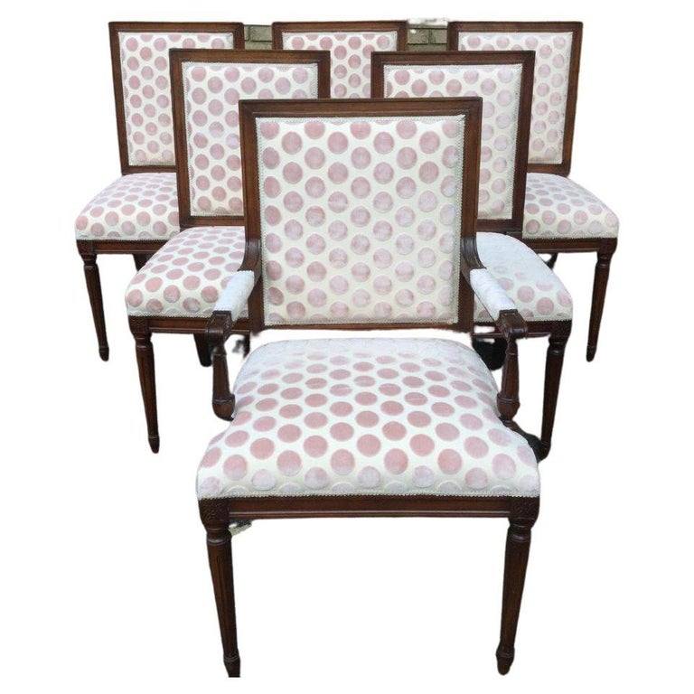 Set of 6 Charming Pink Velvet Polka Dot French Carved Walnut Dining