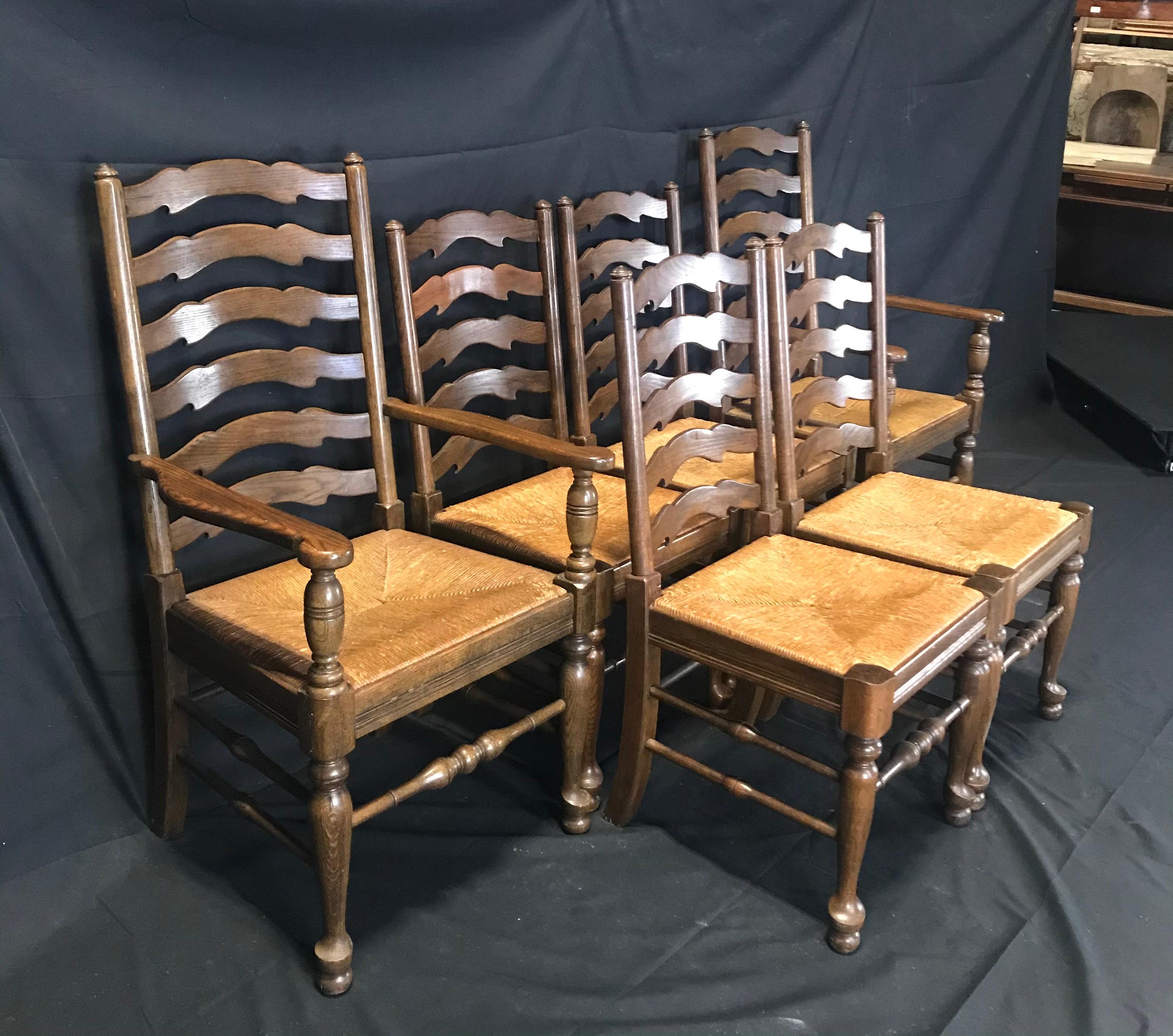 Set of 6 Charming Vintage English Wavy Ladder Back Dining Chairs with Rush Seats 7