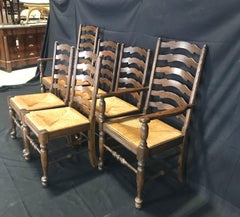 Set of 6 Charming Vintage English Wavy Ladder Back Dining Chairs with Rush Seats