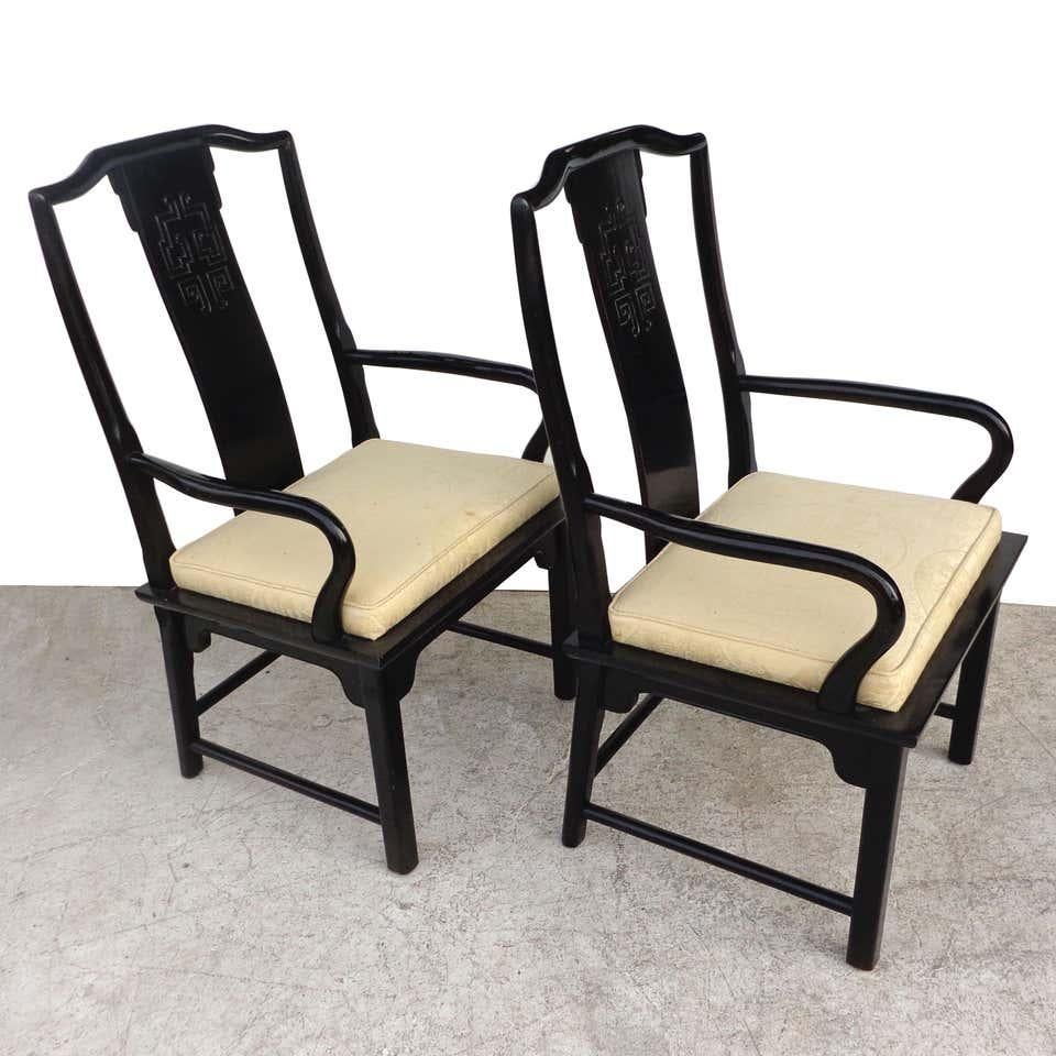 Chin Hua dining chairs by Raymond Sabota for Century Furniture Company

Set of 6 dining chairs by Century Furniture. Part of the Chin Hua collection by Raymond Sabota. Lacquered in high gloss black. 
Original seat upholstery. 


Measures: Side
