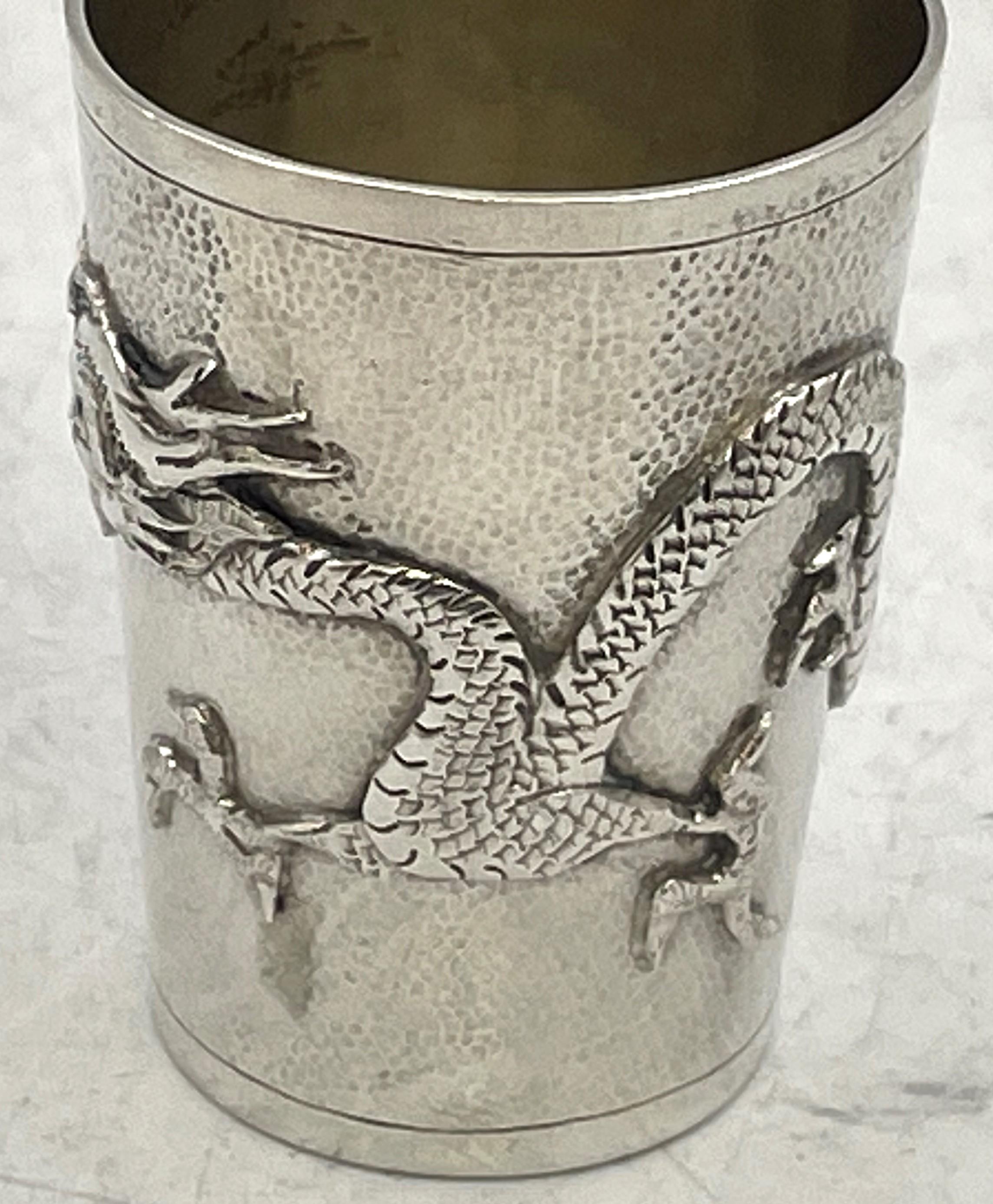Chinese Set of 6 China Jewelry Company Sterling Silver Cups with Dragon Motifs For Sale