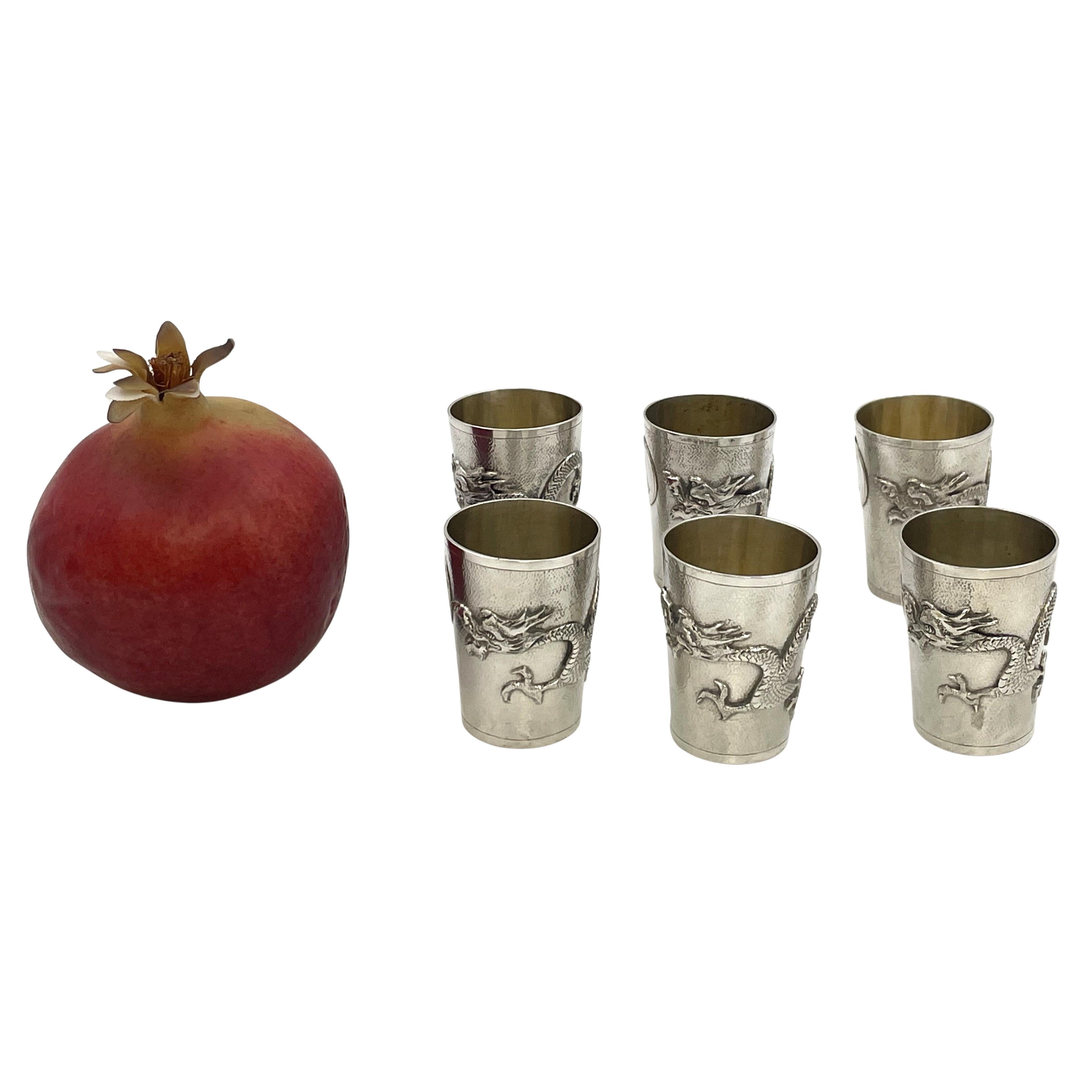 Set of 6 China Jewelry Company Sterling Silver Cups with Dragon Motifs For Sale