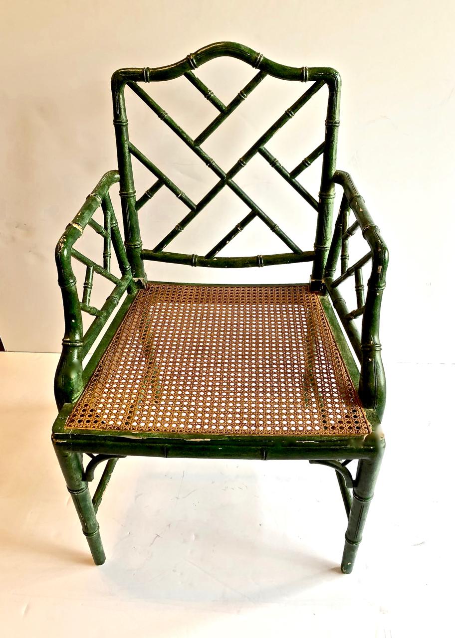 This is a superb set of 6 midcentury Chinese Chippendale style faux bamboo armchairs in a wonderful patinated deep malachite green. The chairs are in overall very good condition and include a separate seat cushion over the caned seats. The green