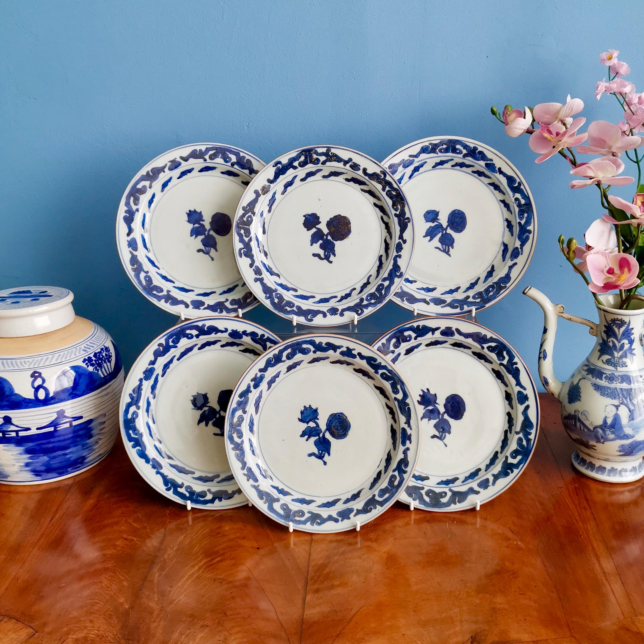 This is a beautiful set of six small plates made in China for export to the West in the late Qianlong era, circa 1780. These plates were made for export to the West, to be precise to the Netherlands, which was a major importer of blue and white