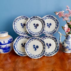 Set of 6 Chinese Export Plates, Roses Blue and White, Qianlong, circa 1780
