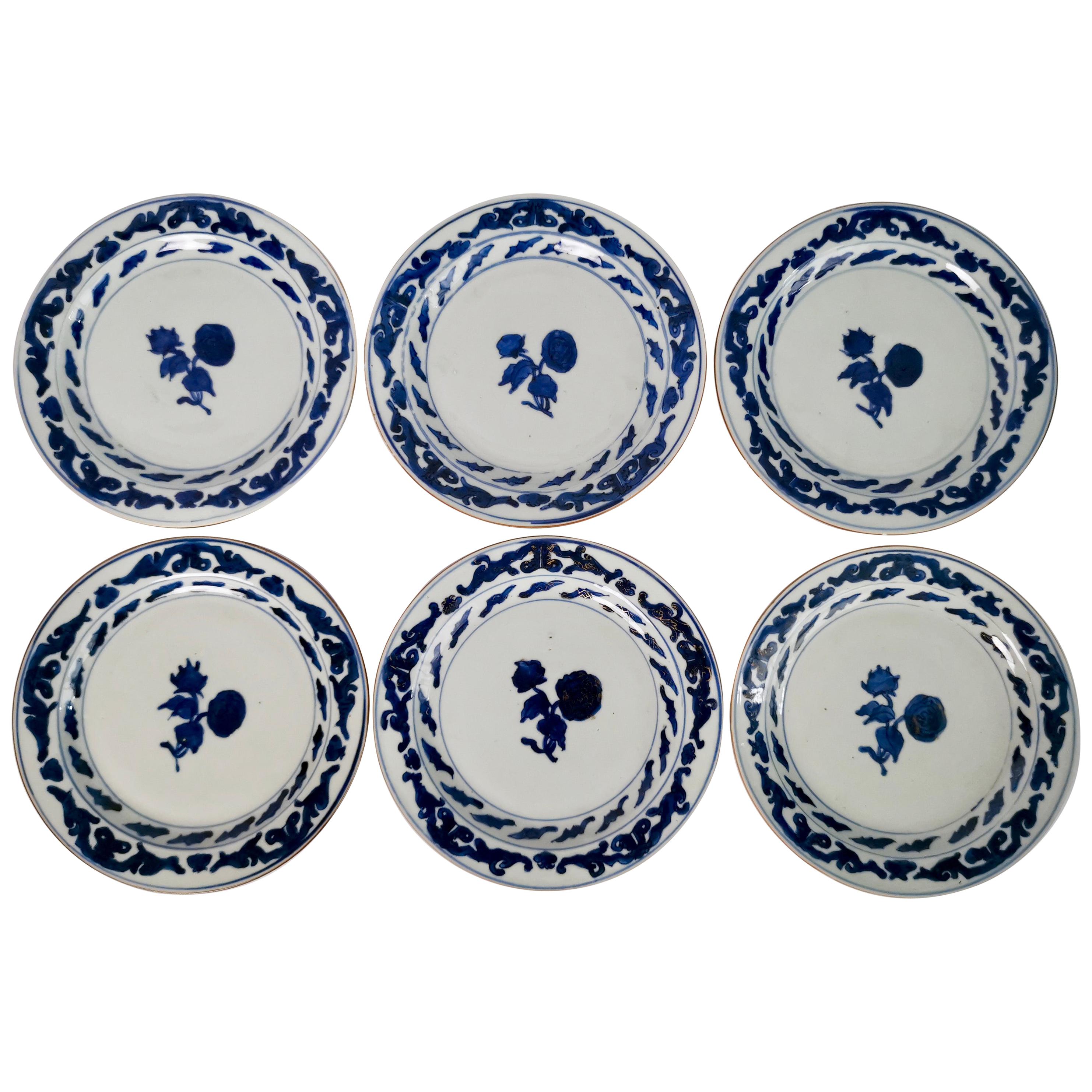 Set of 6 Chinese Export Plates, Roses Blue and White, Qianlong, circa 1780