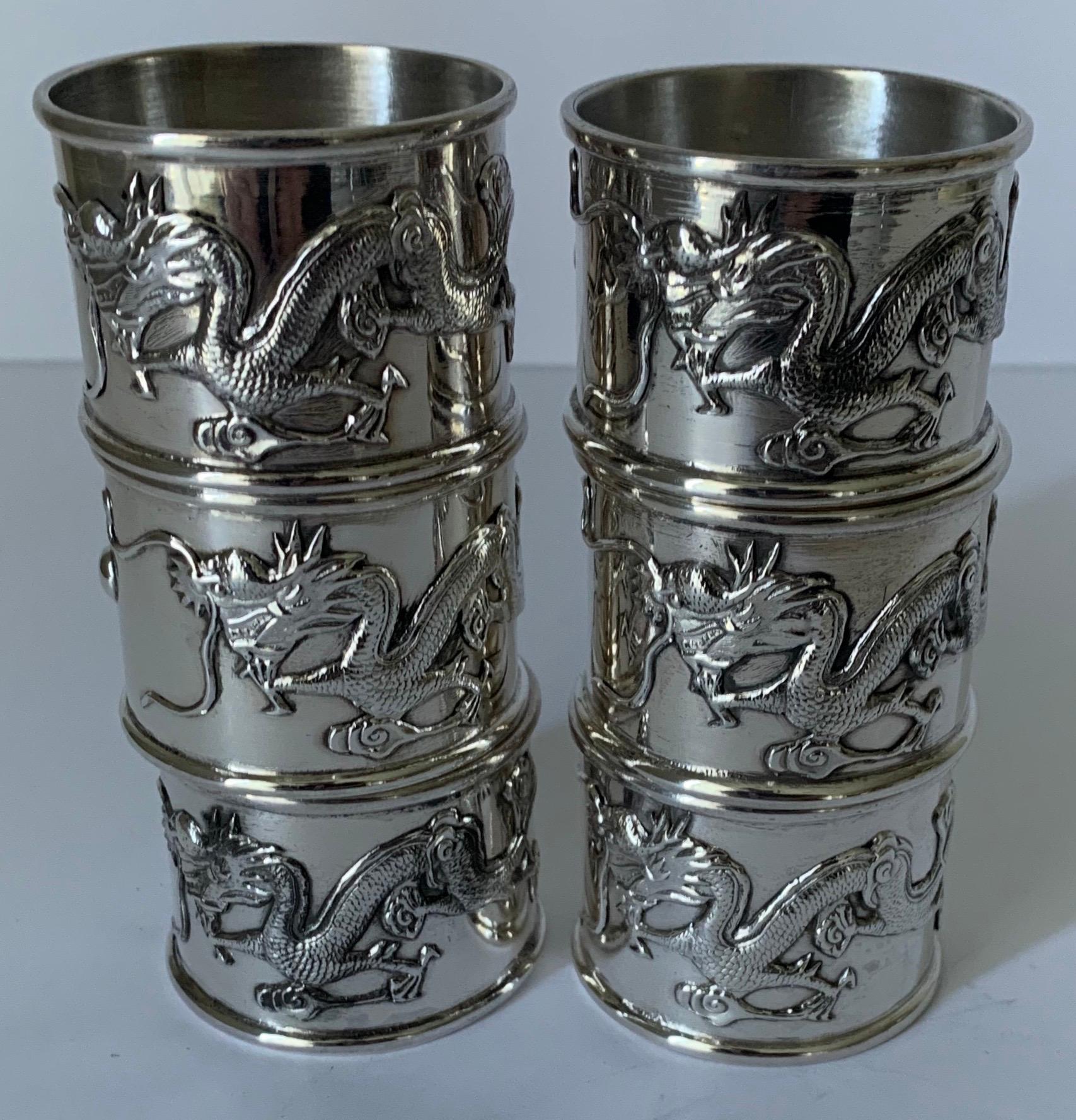 Chinese Export Silver Dragon Napkin Rings, Set of 6 3